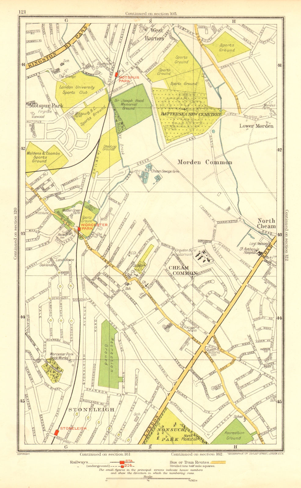 CHEAM. Stoneleigh; Worcester Morden Common Motspur Park West Barnes 1937 map
