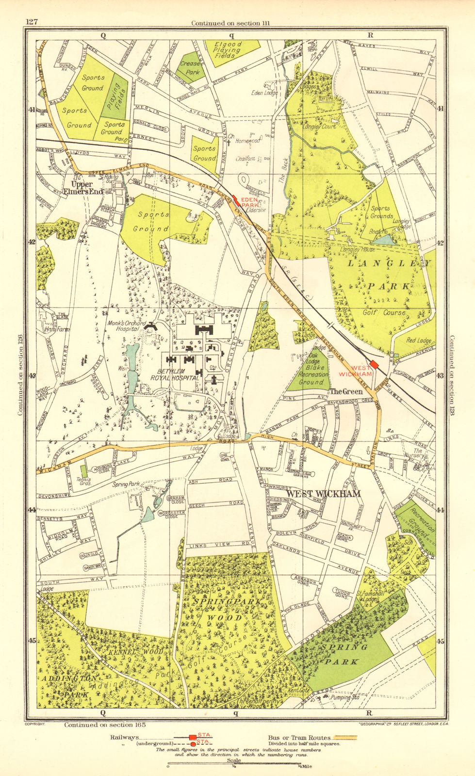 LONDON. Upper Elmers End West Wickham Eden Park Spring Park 1937 old map
