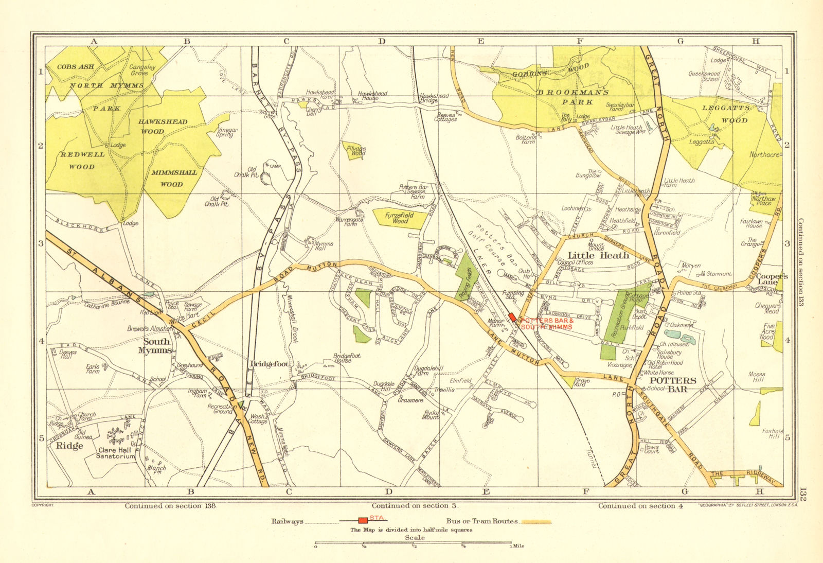POTTERS BAR. South Mimms Little Heath Brookmans Park Ridge (Herts) 1937 map