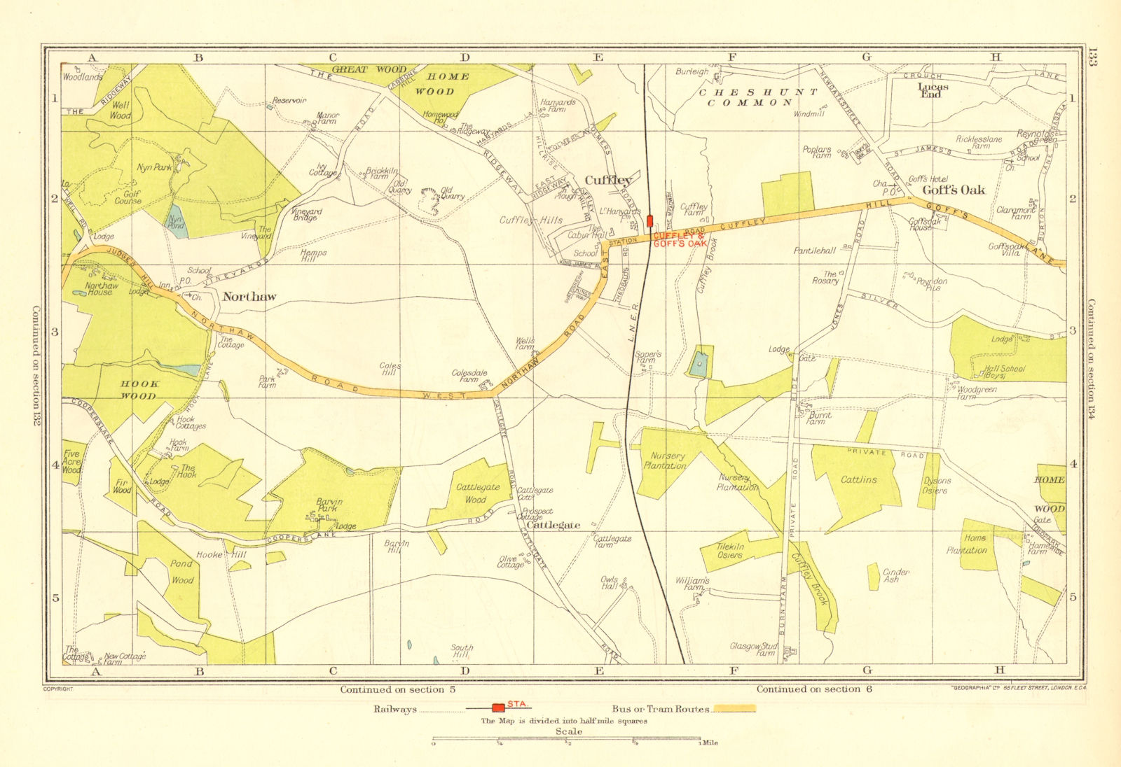 HERTFORDSHIRE. Cuffley Goff's Oak Northaw Potters Bar 1937 old vintage map