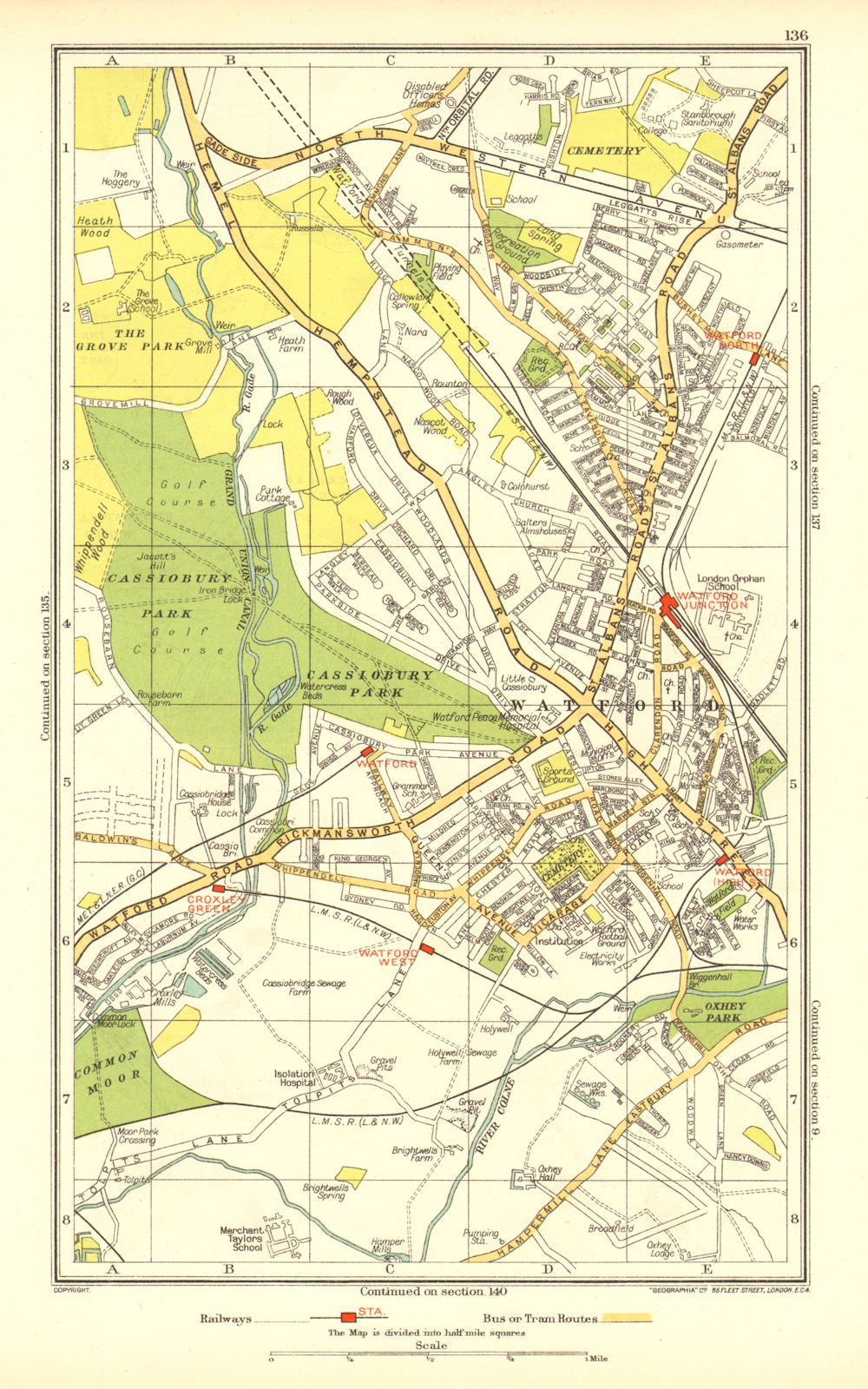 WATFORD. Holywell Cassiobury Kingswood Oxhey Croxley Green Garston 1937 map