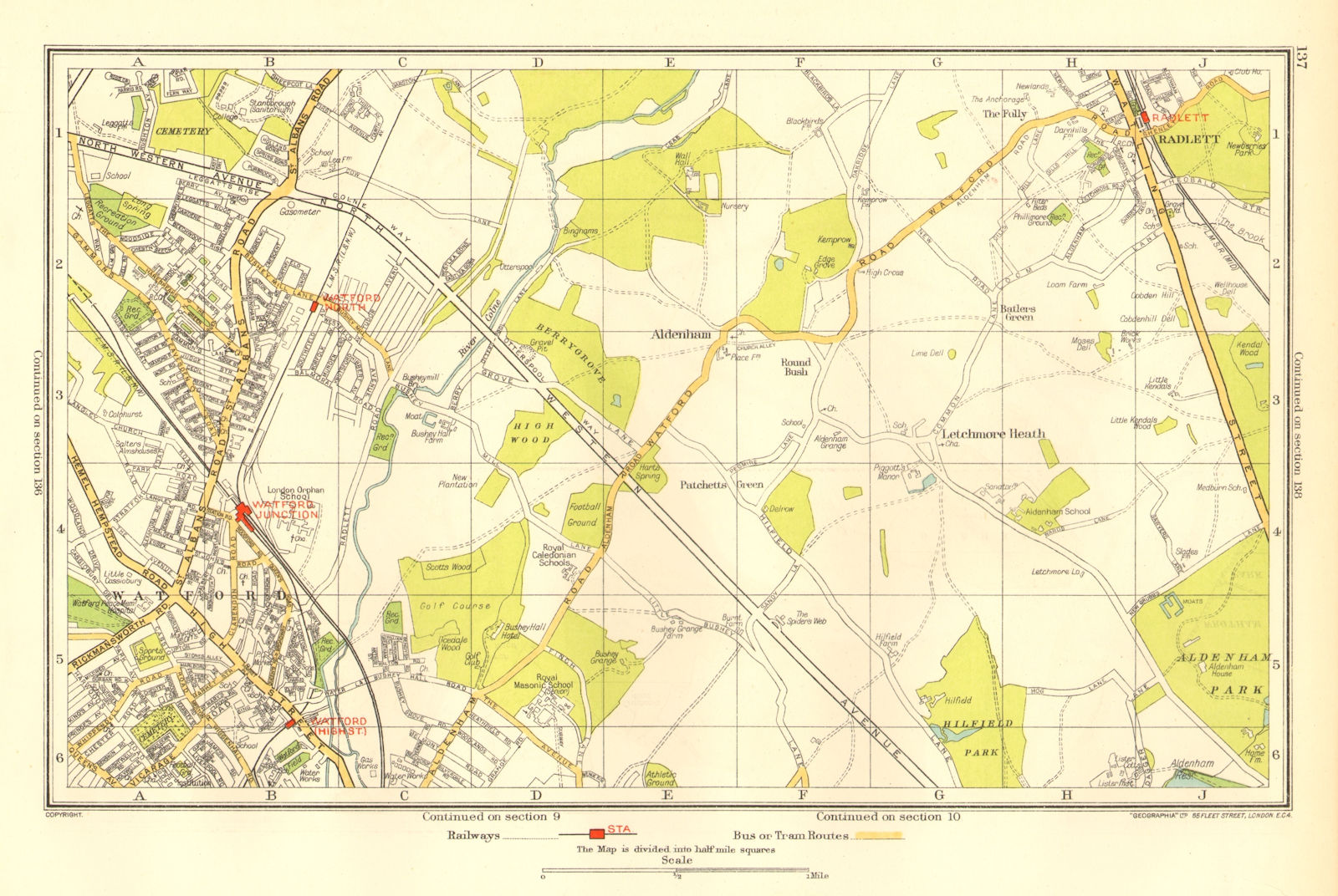 WATFORD. Letchmore Heath Radlett Meriden Aldenham Patchetts Green 1937 old map