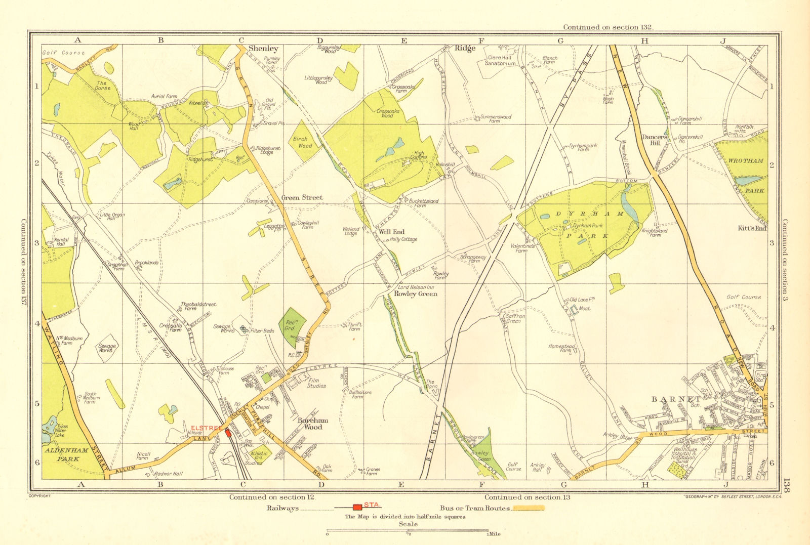 Associate Product BOREHAMWOOD. Elstree Barnet Shenley Ridge Monken Hadley 1937 old vintage map