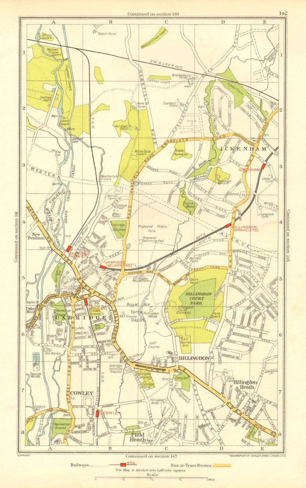 UXBRIDGE. Ickenham Hillingdon Ruislip Cowley New Denham 1937 old vintage map