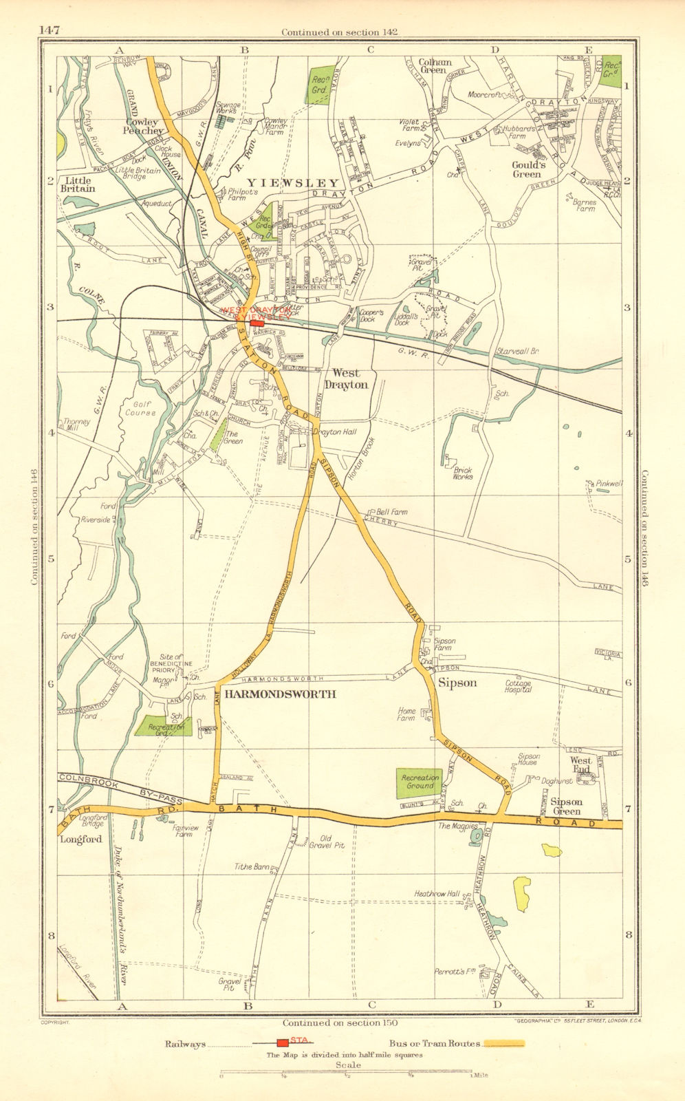 Associate Product YIEWSLEY WEST DRAYTON. Hayes Heathrow Harmondsworth Sipson Cowley 1937 old map