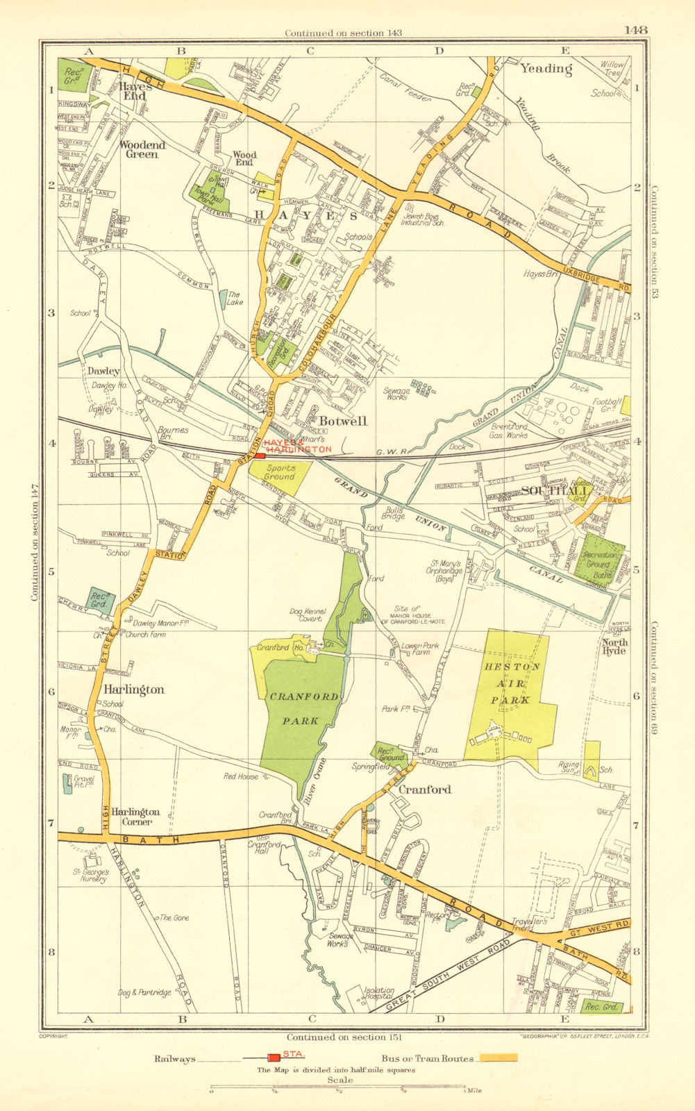 Associate Product HAYES SOUTHALL. Cranford Hounslow Harlington Heathrow Heston Yeading 1937 map