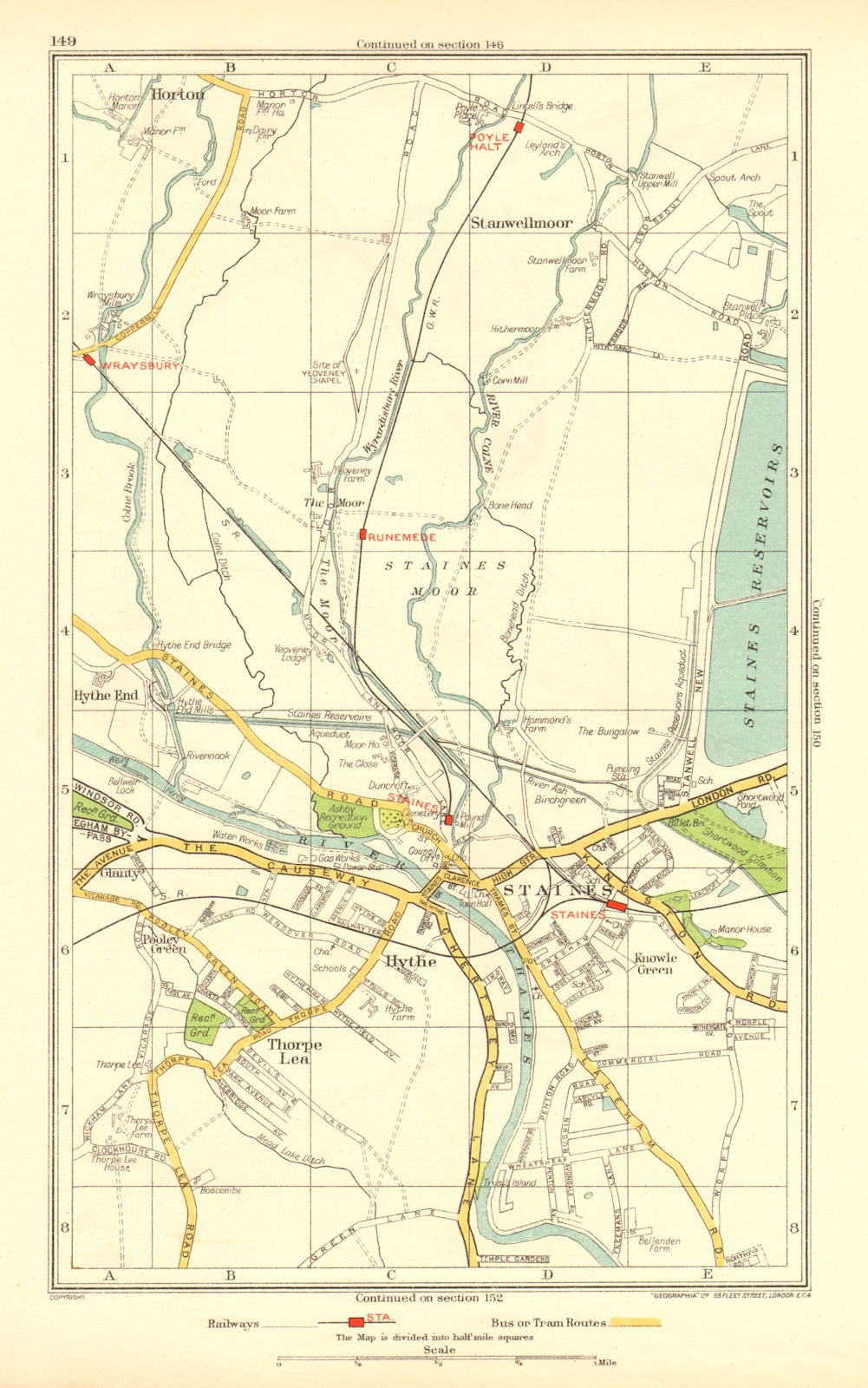 STAINES. Egham Hythe Stanwell Moor Thorpe Hythe End Horton Wraysbury 1937 map