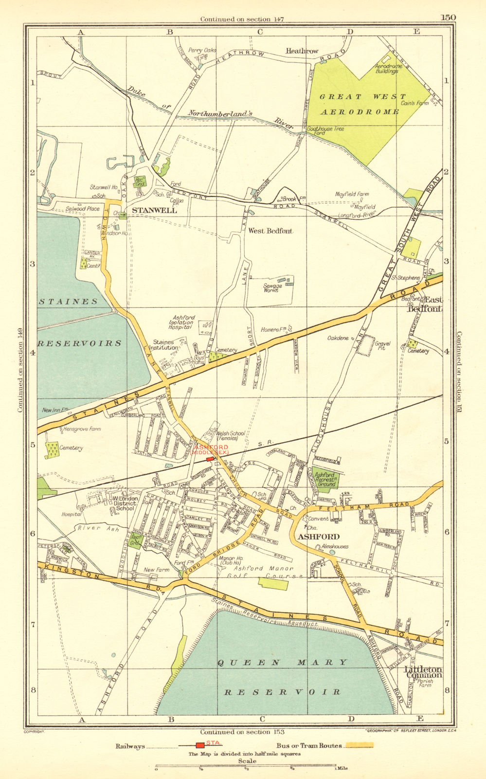 ASHFORD STAINES-UPON-THAMES. Stanwell Feltham Heathrow Bedfont 1937 old map