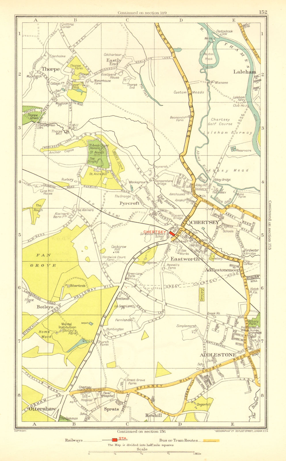 CHERTSEY. Addlestone Chertsey Ottershaw Thorpe Rowhill Laleham(Surrey) 1937 map