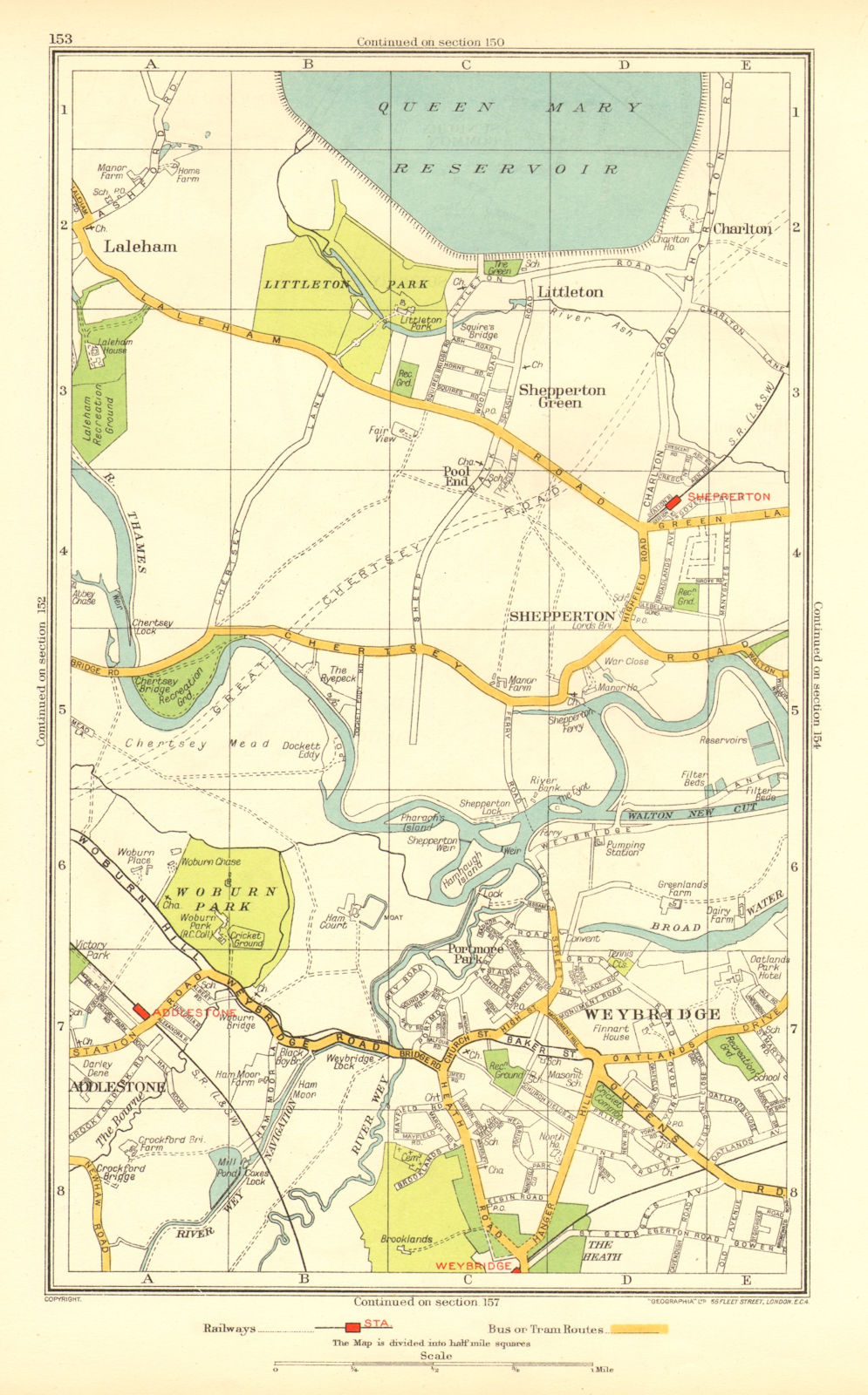 WEYBRIDGE. Halliford Shepperton Littleton Addleston Laleham Charlton 1937 map