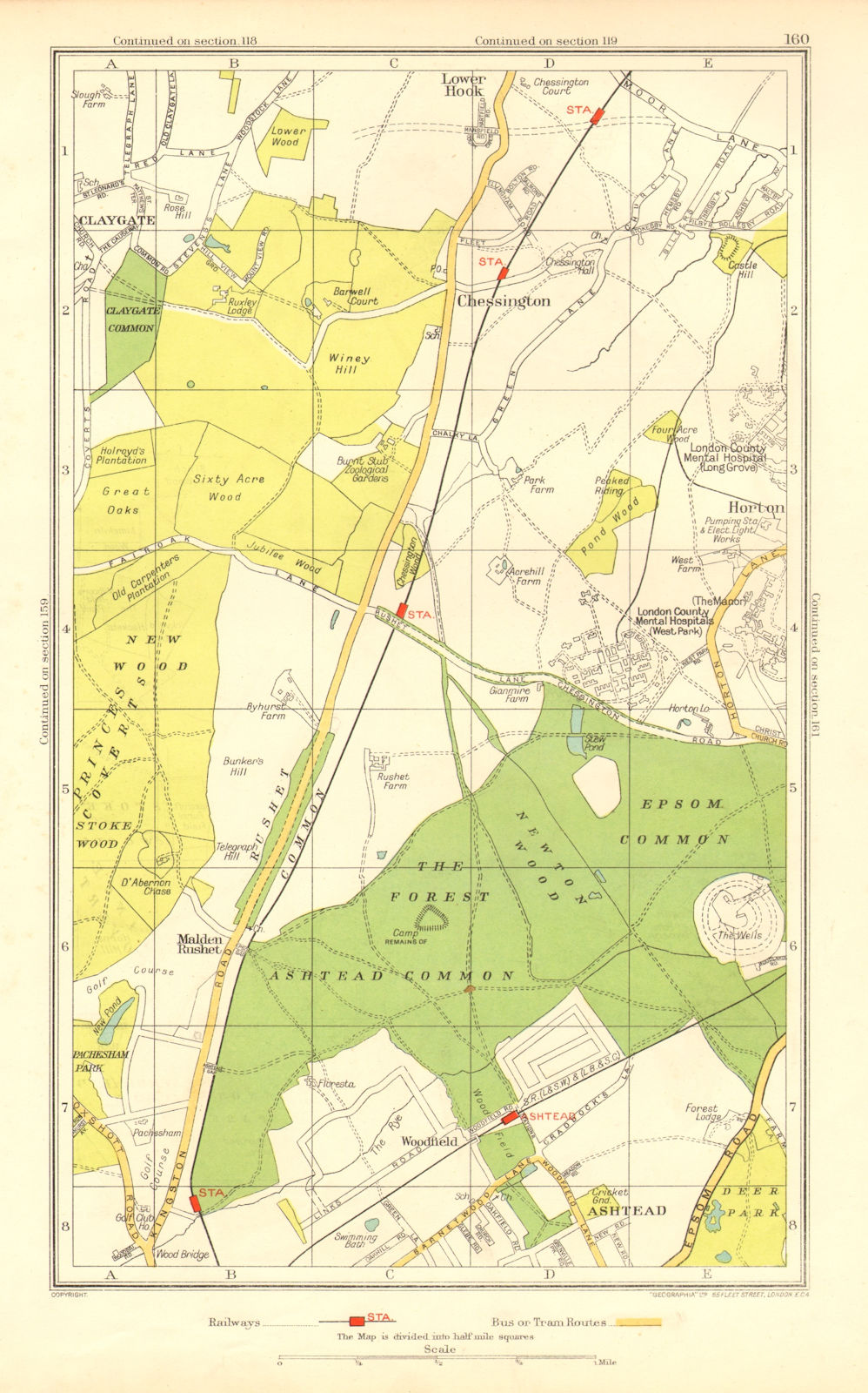 ASHTEAD. Ewell Chessington Claygate Horton Epsom Common Hook 1937 old map