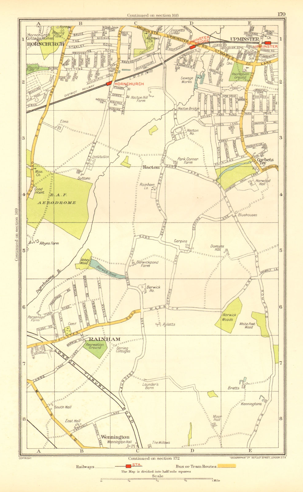 HORNCHURCH UPMINSTER. Rainham Corbets Tey Wennington (Essex) 1937 old map