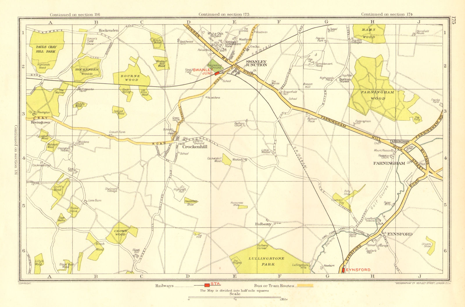 SWANLEY. Crockenhill Eynsford Farningham Kevingtown (Kent) 1937 old map