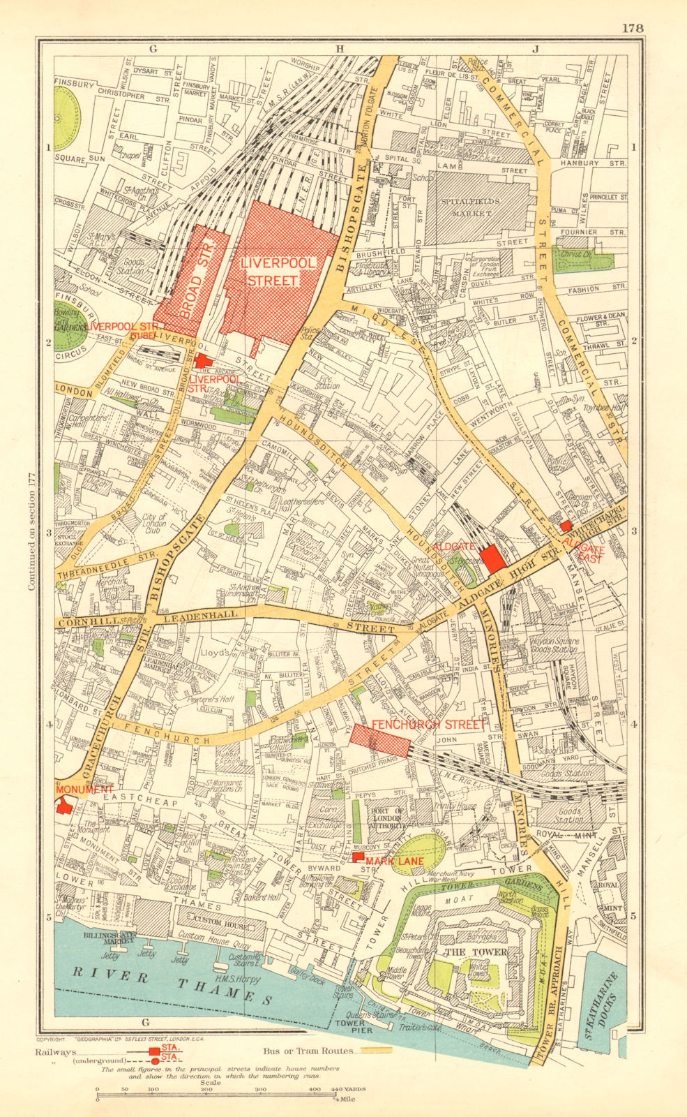 LONDON. City. Tower Liverpool Street Bishopsgate 1937 old vintage map chart