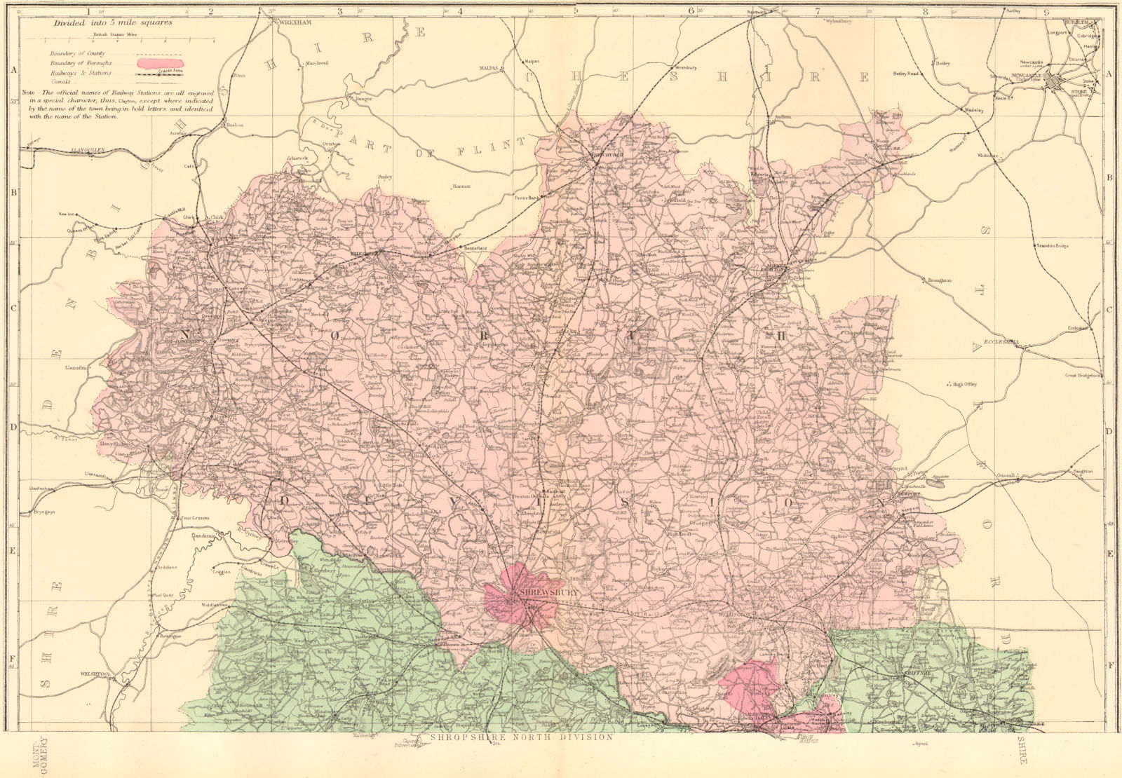 SHROPSHIRE (North). Antique county map by GW BACON 1884 old chart