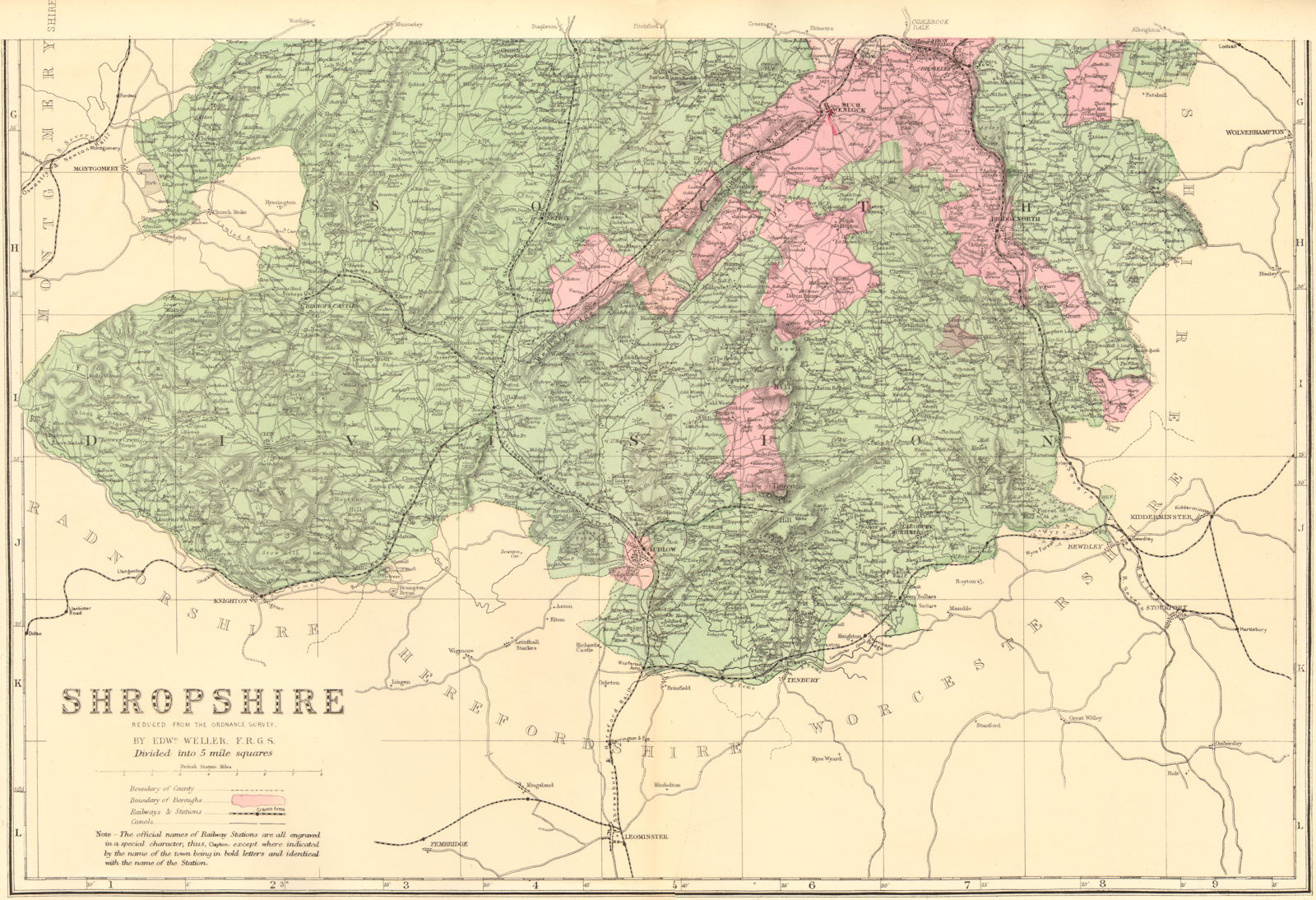 SHROPSHIRE (South). Antique county map by GW BACON 1884 old chart