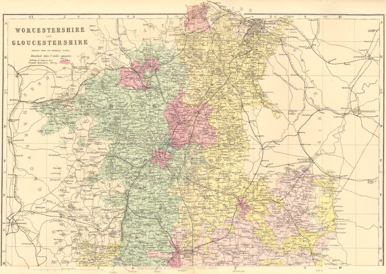 WORCESTERSHIRE & GLOUCESTERSHIRE (North). Antique county map by GW BACON 1884