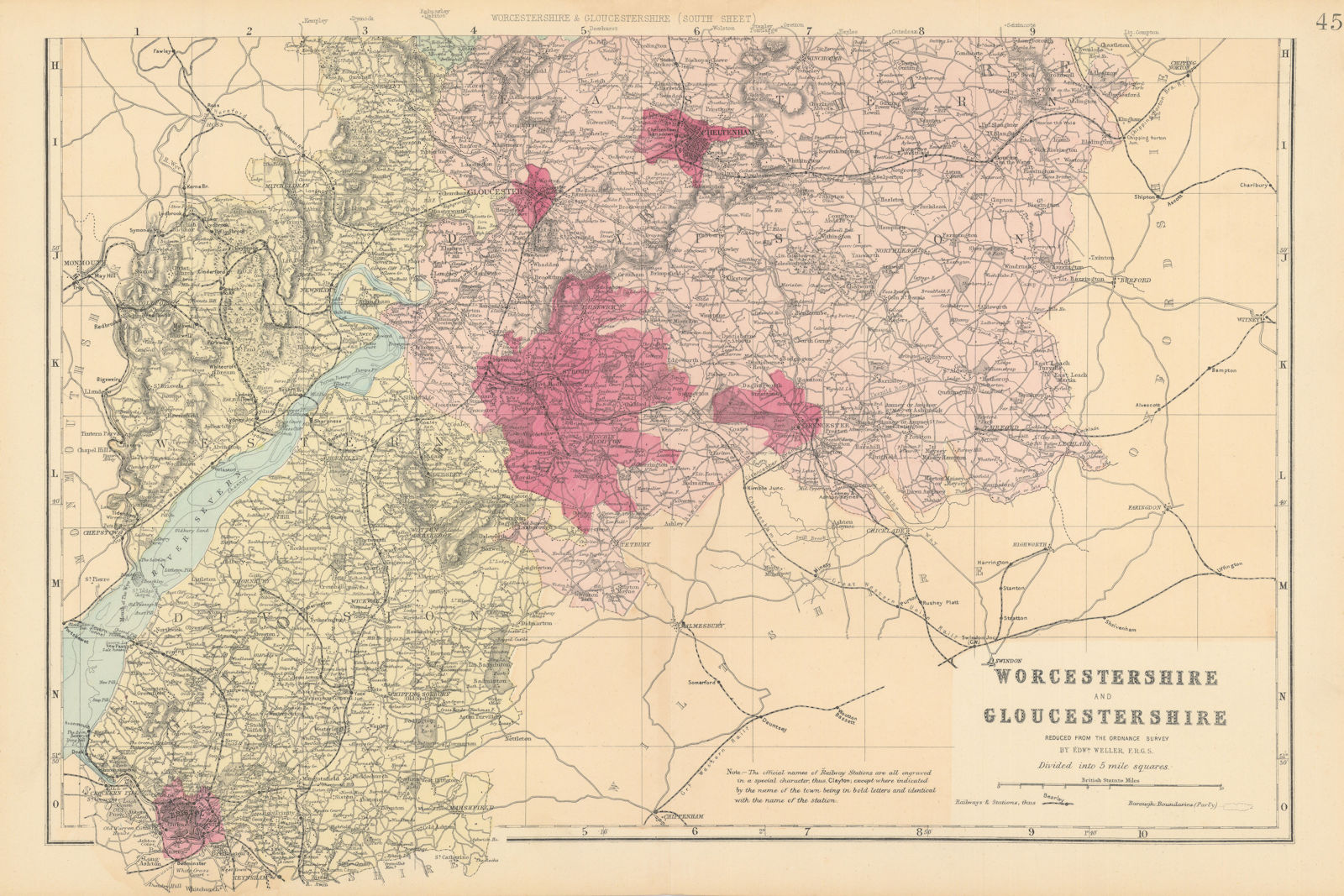 WORCESTERSHIRE & GLOUCESTERSHIRE (South). Antique county map by GW BACON 1884