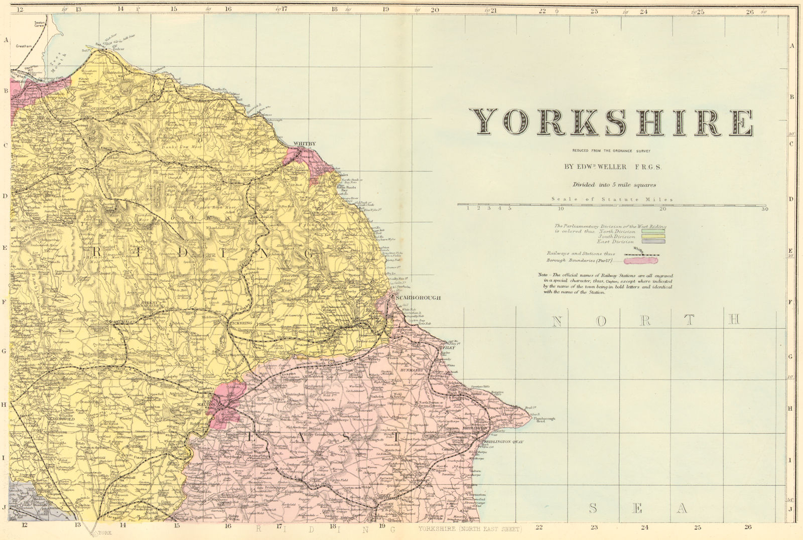 YORKSHIRE (North East). Scarborough Whitby. Antique county map by GW BACON 1884