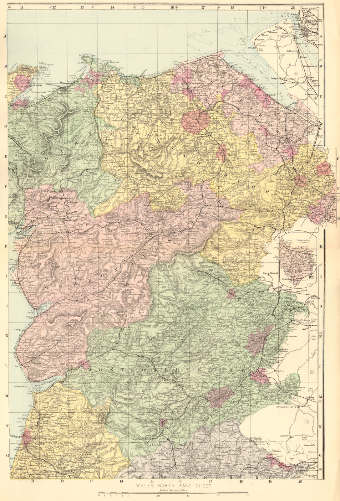 WALES (North East). Flint Denbigh Merionethshire Clywd. GW BACON 1884 old map