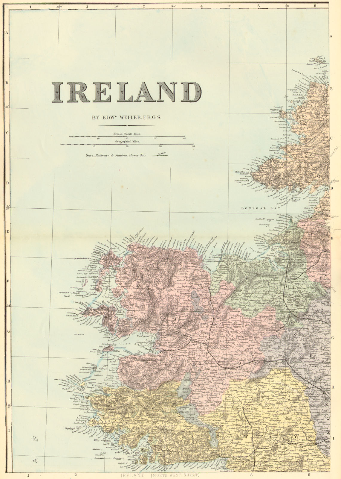 IRELAND (North West). Connacht. Mayo Galway Sligo. Antique map by GW BACON 1884