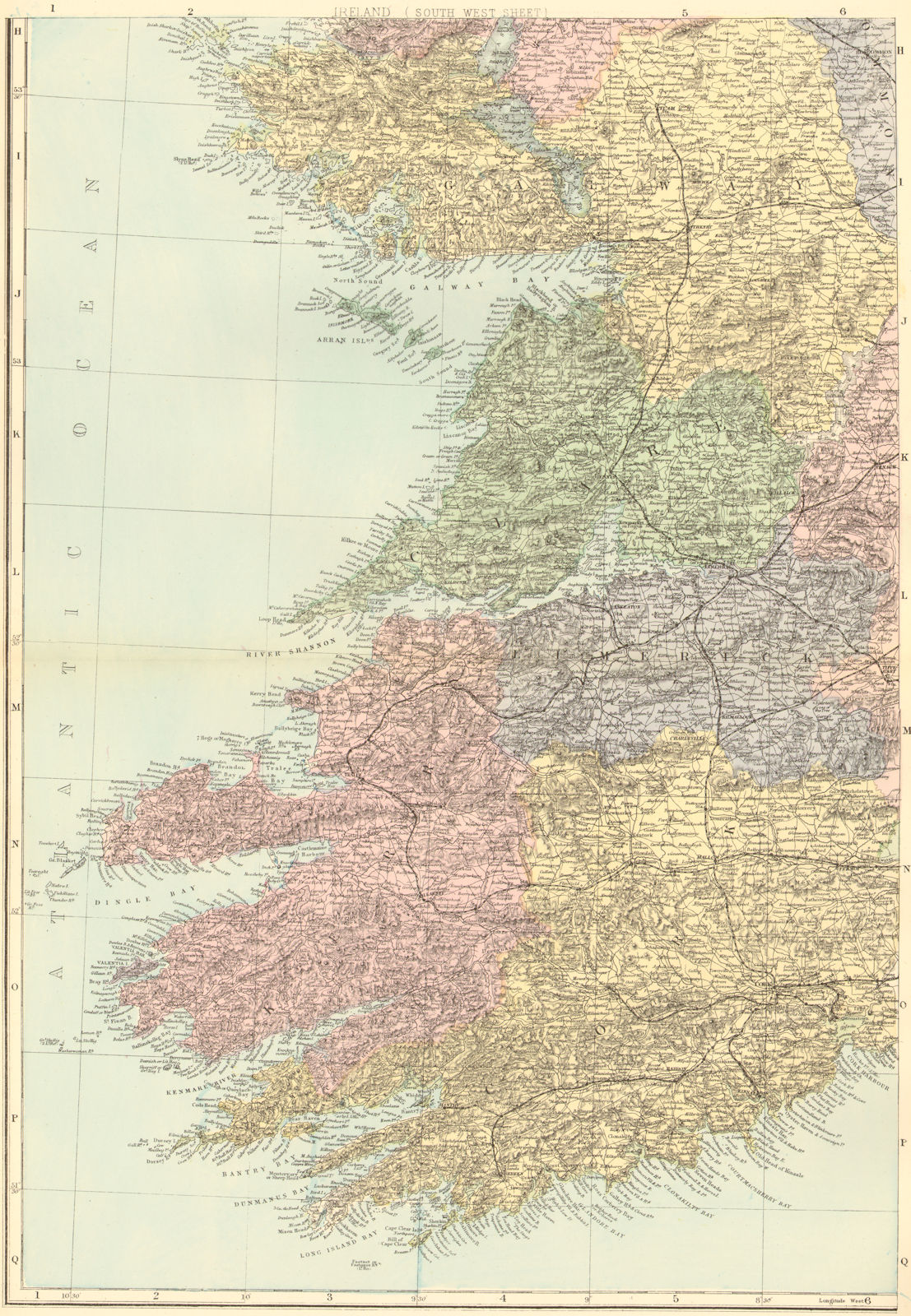 IRELAND (South West). Munster. Cork Kerry Clare Limerick. GW BACON 1884 map