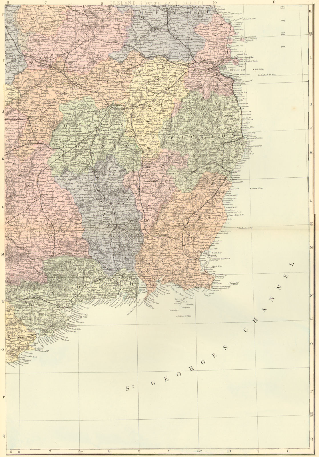 IRELAND (South East). Leinster. Dublin Wicklow Wexford. GW BACON 1884 old map