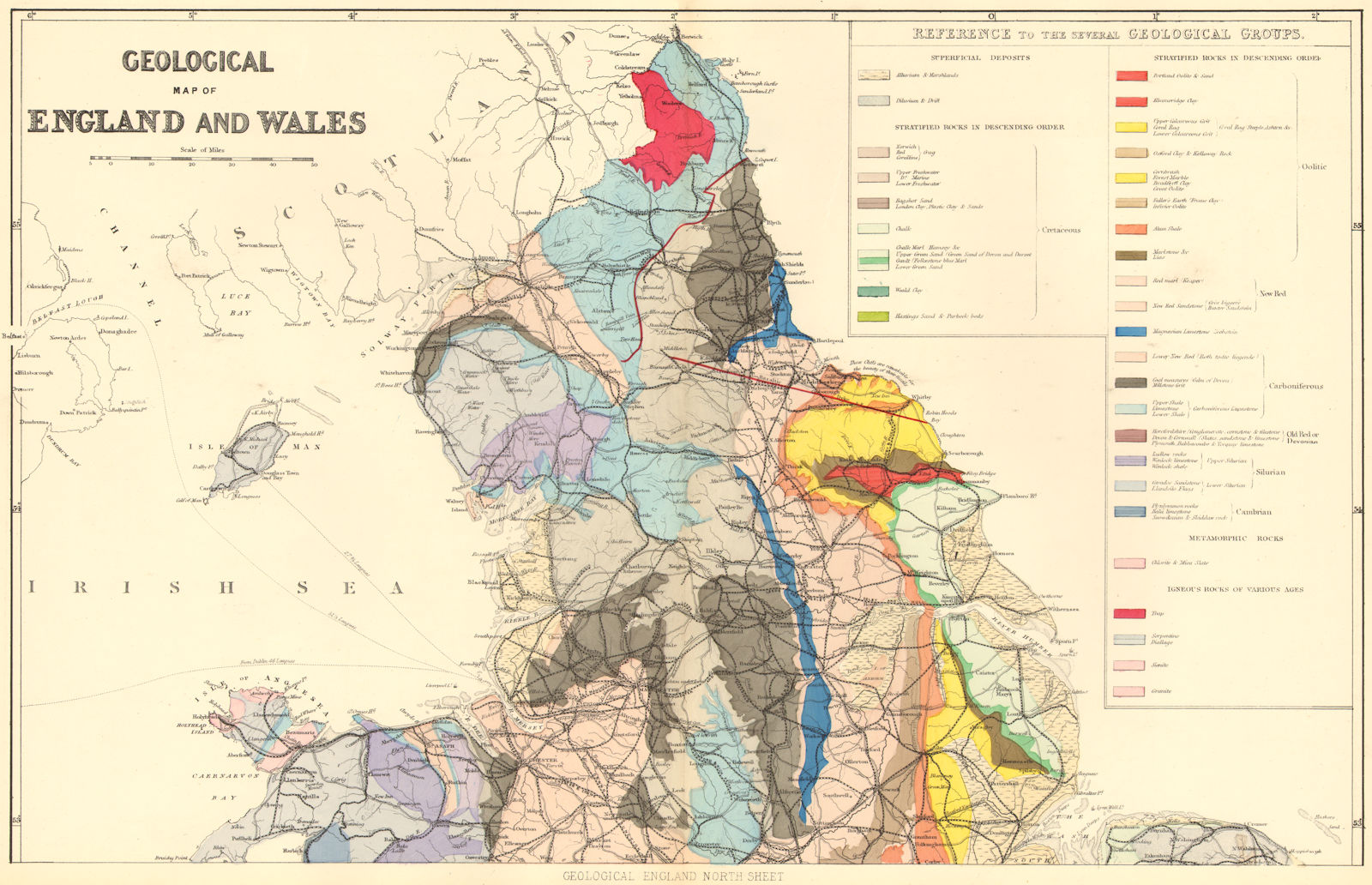 Associate Product GEOLOGICAL ENGLAND & WALES (North sheet). Antique map by GW BACON 1884 old