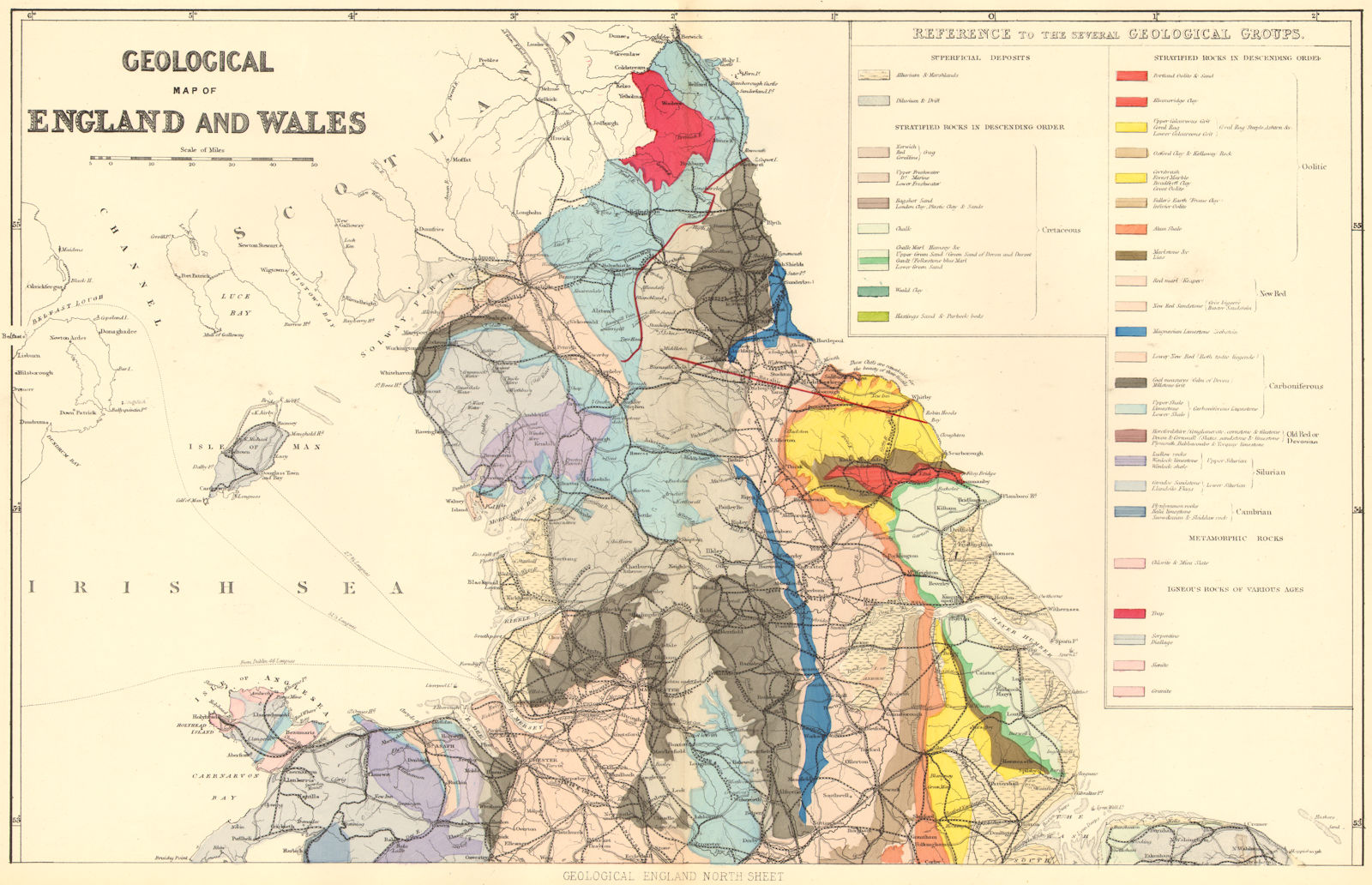 GEOLOGICAL ENGLAND & WALES (North sheet). Antique map by GW BACON 1884 old