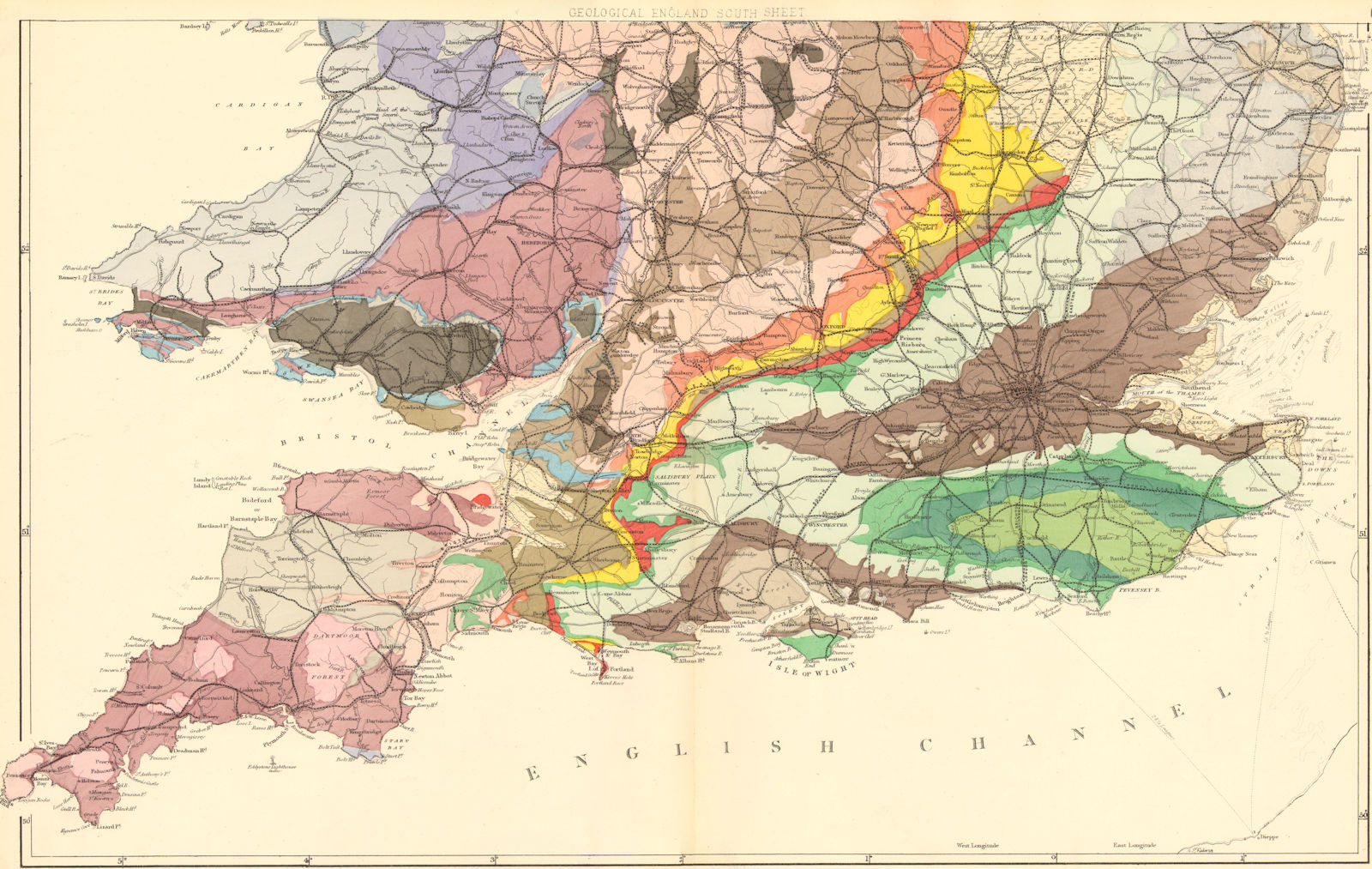 Associate Product GEOLOGICAL ENGLAND & WALES (South sheet). Antique map by GW BACON 1884 old