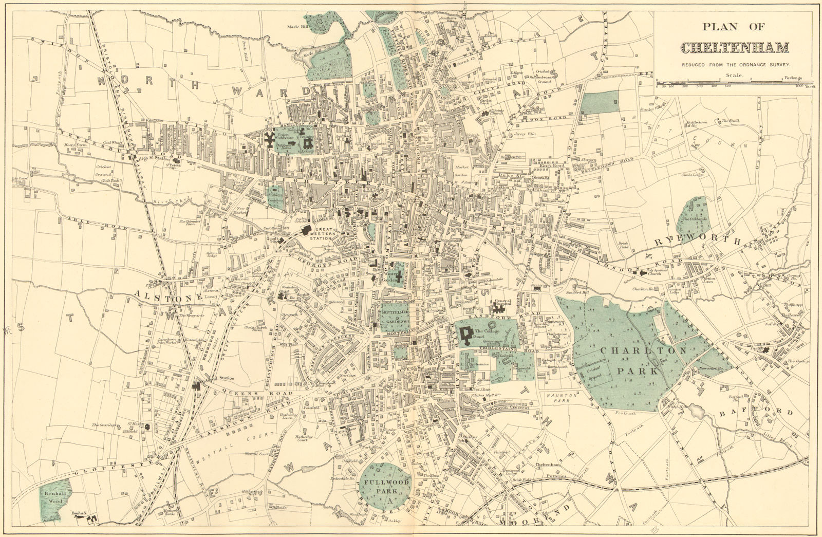 CHELTENHAM. inc Lansdown Fairview Montpellier. Town plan. GW BACON 1884 map