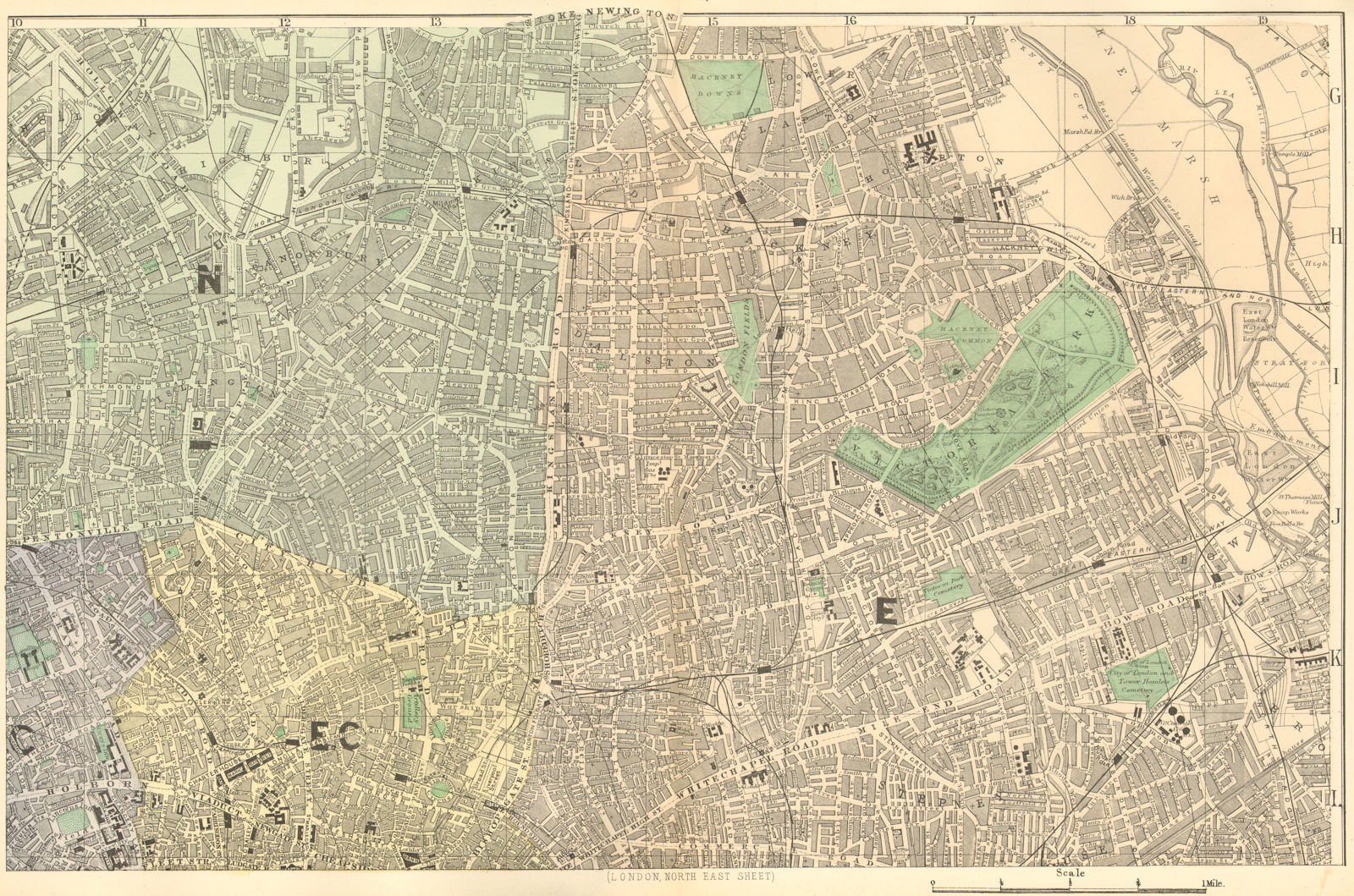 LONDON N East. City Hackney Tower Hamlets Islington. Town plan. BACON 1884 map
