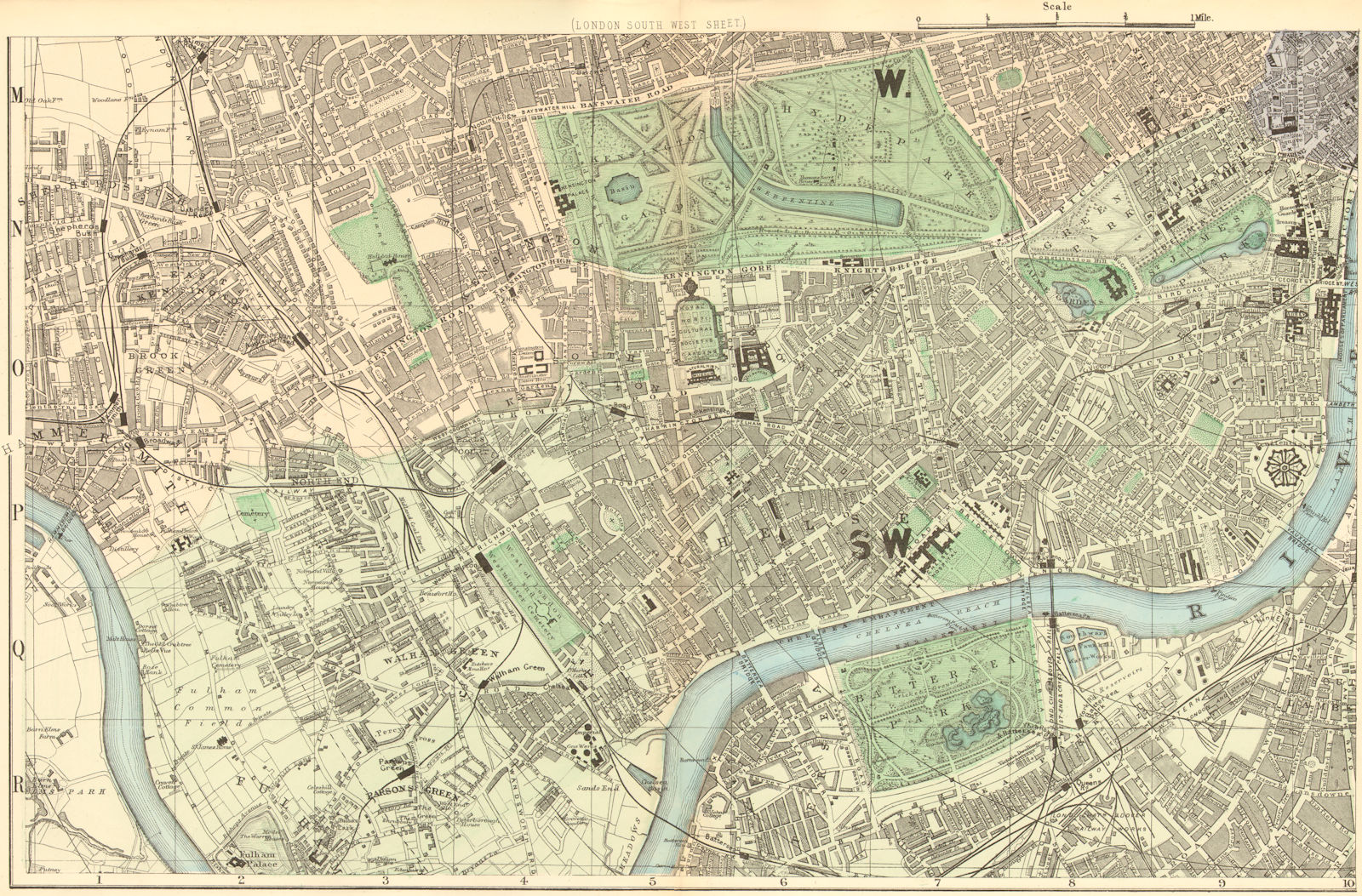 LONDON South West.Kensington Chelsea Fulham Battersea.Town plan.BACON 1884 map