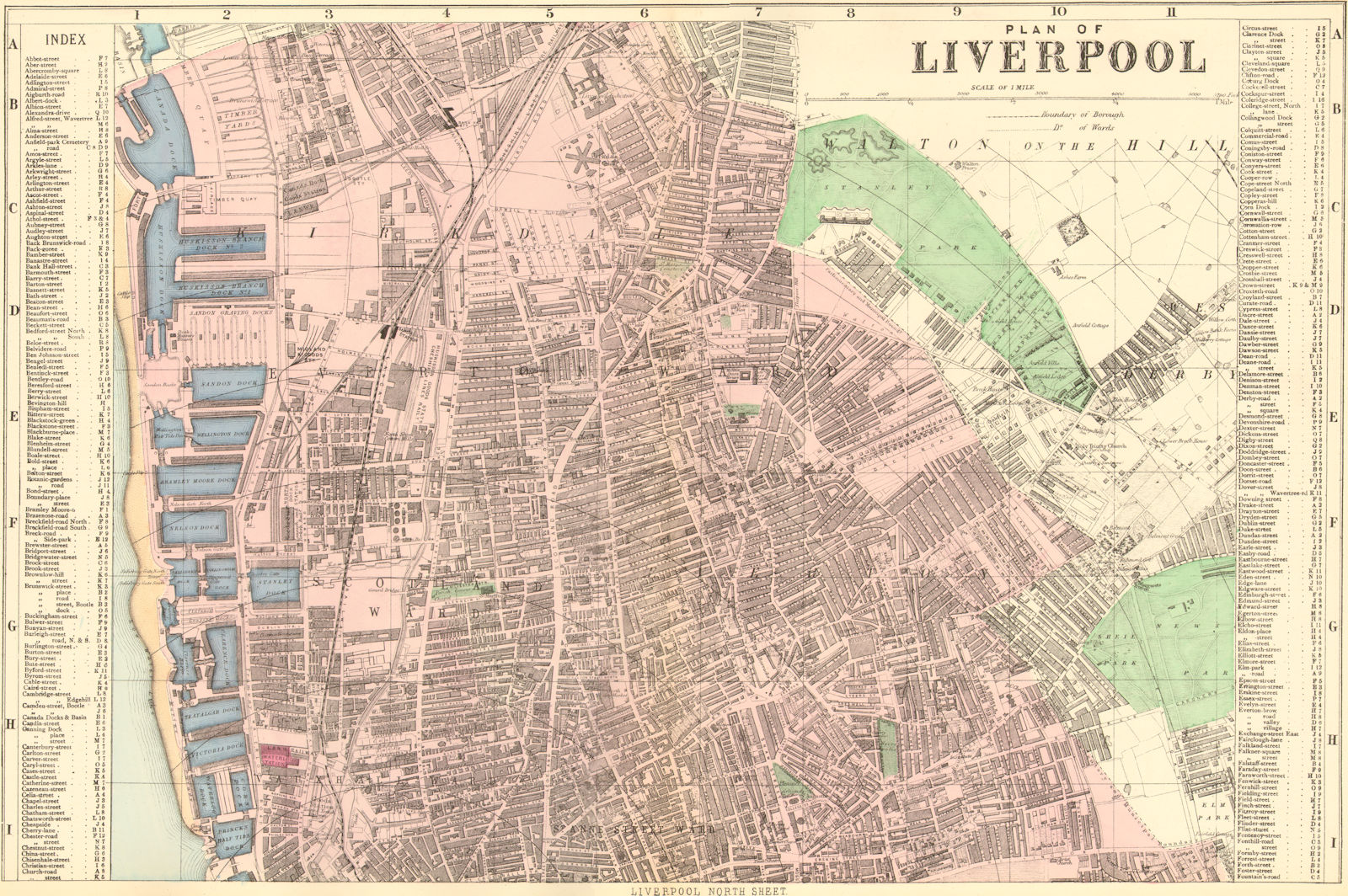 LIVERPOOL North. Everton Anfield Kirkdale Vauxhall. Town plan. BACON 1884 map