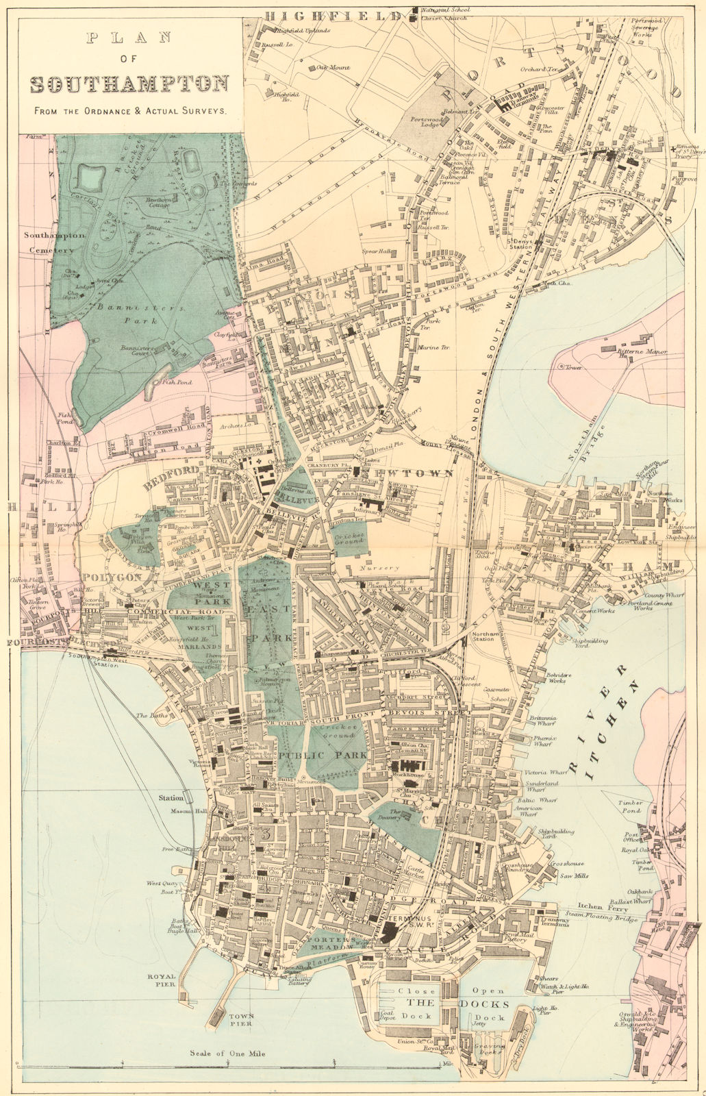 SOUTHAMPTON. inc Northam Portswood. Antique town plan by GW BACON 1884 old map