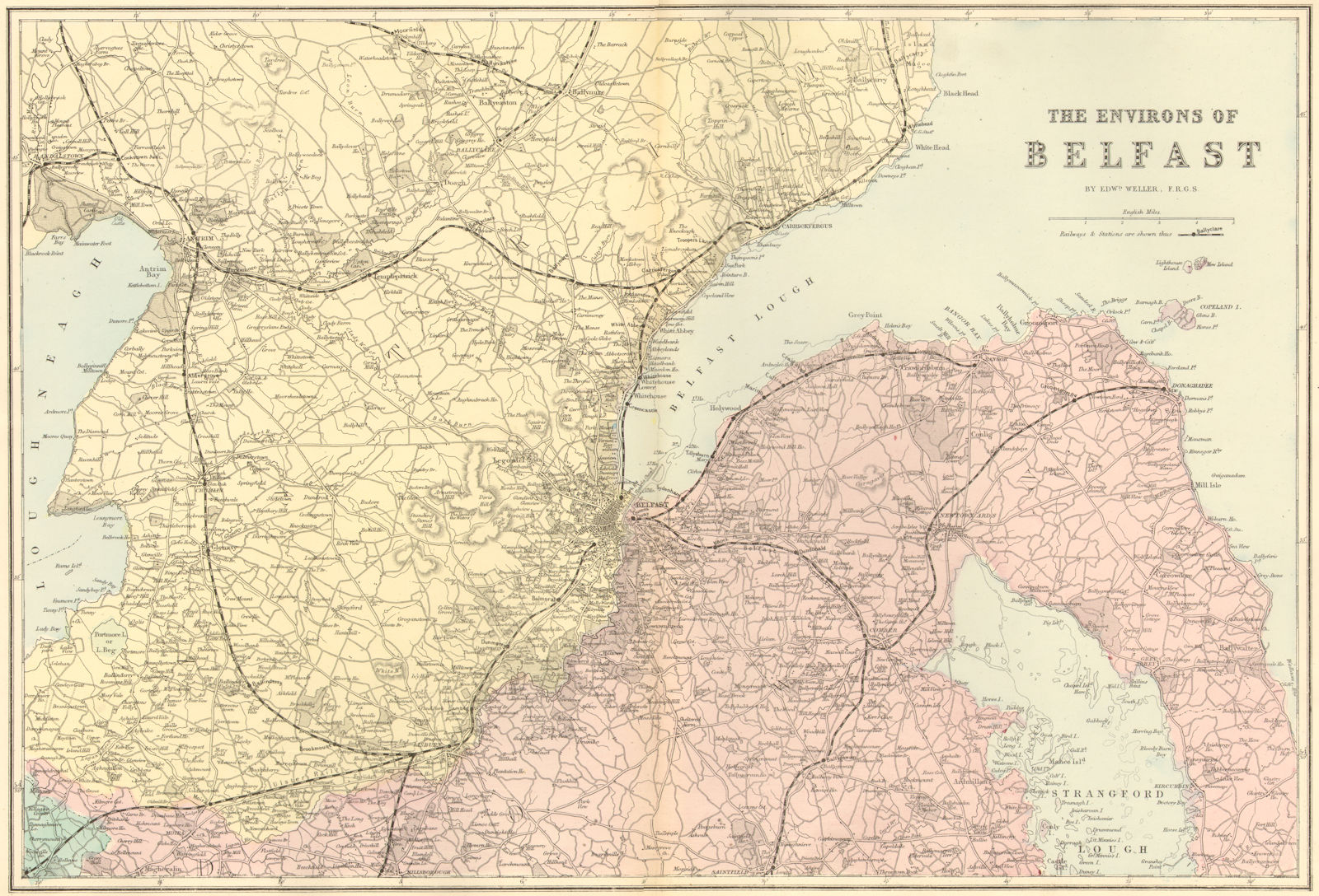 Associate Product BELFAST & ENVIRONS. Lisburn Antrim Bangor. Antique map by GW BACON 1884