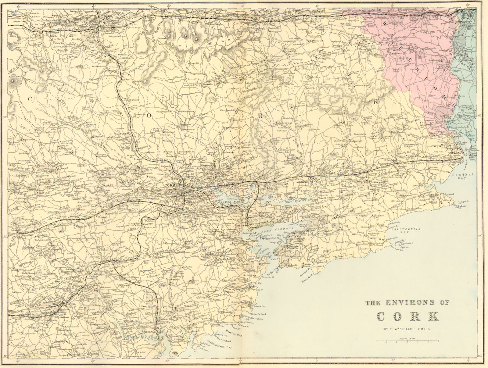 CORK & ENVIRONS. Cobh Youghal Mallow Bandon. Antique map by GW BACON 1884