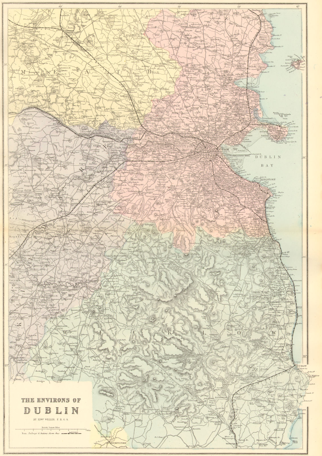 DUBLIN & ENVIRONS. Meath Kildare Wicklow. IRELAND. Antique map by GW BACON 1884