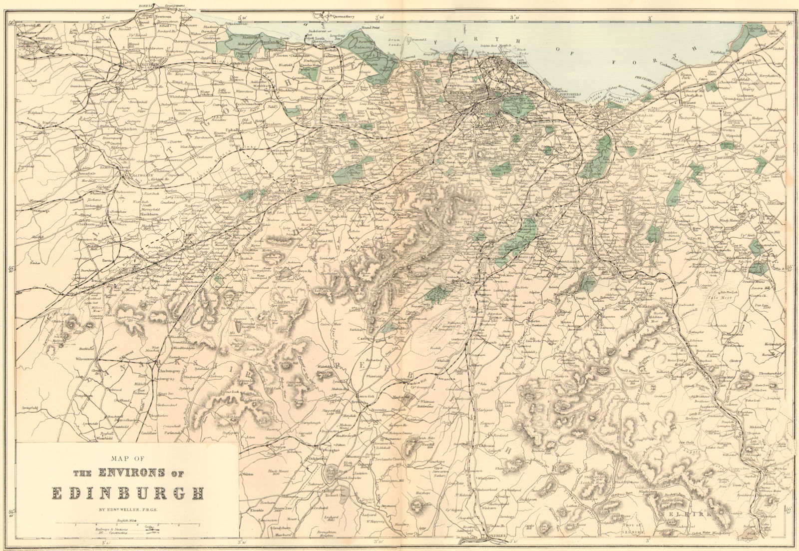 Associate Product EDINBURGH & ENVIRONS. West Lothian Midlothian. Antique map by GW BACON 1884