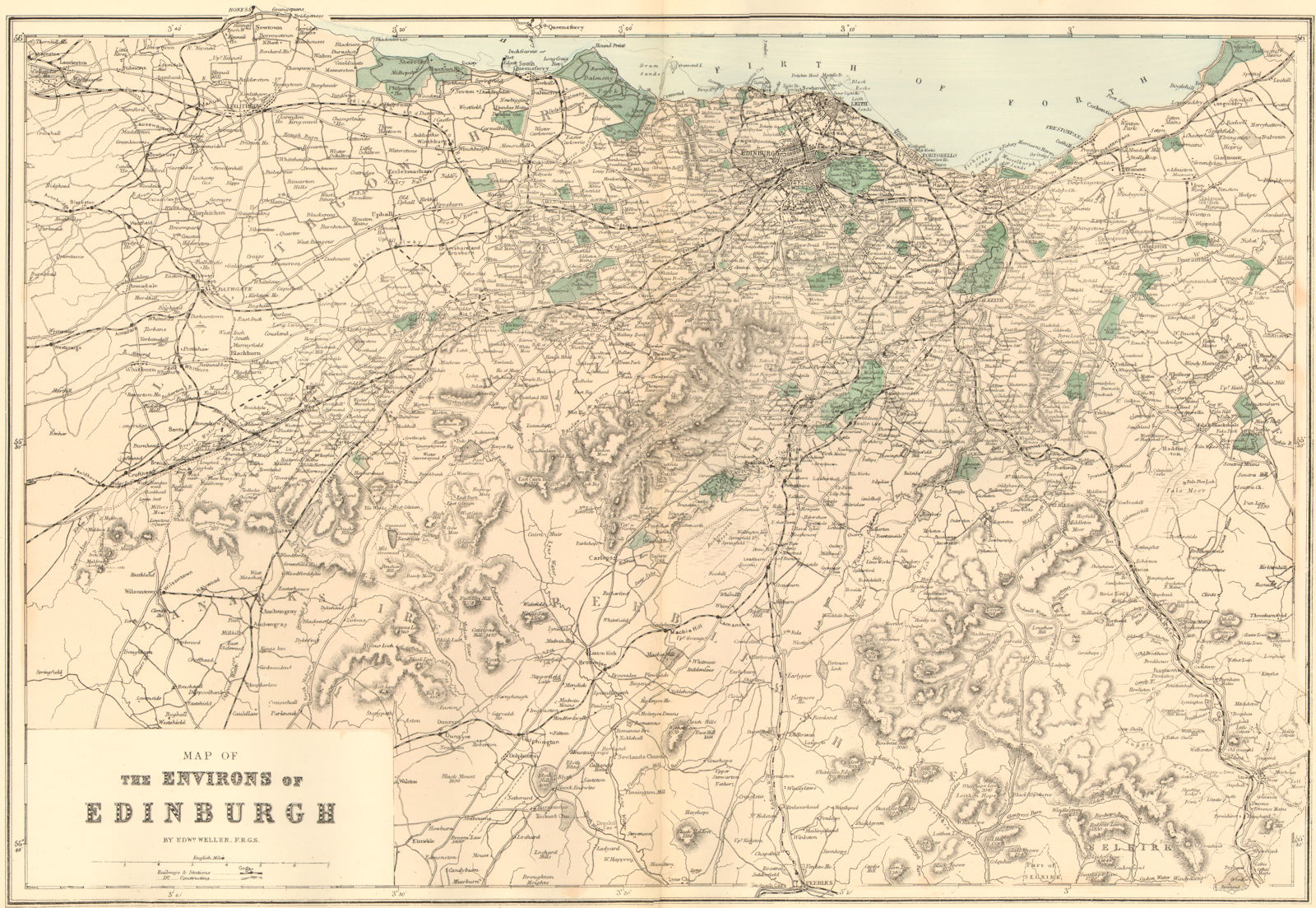 EDINBURGH & ENVIRONS. West Lothian Midlothian. Antique map by GW BACON 1884