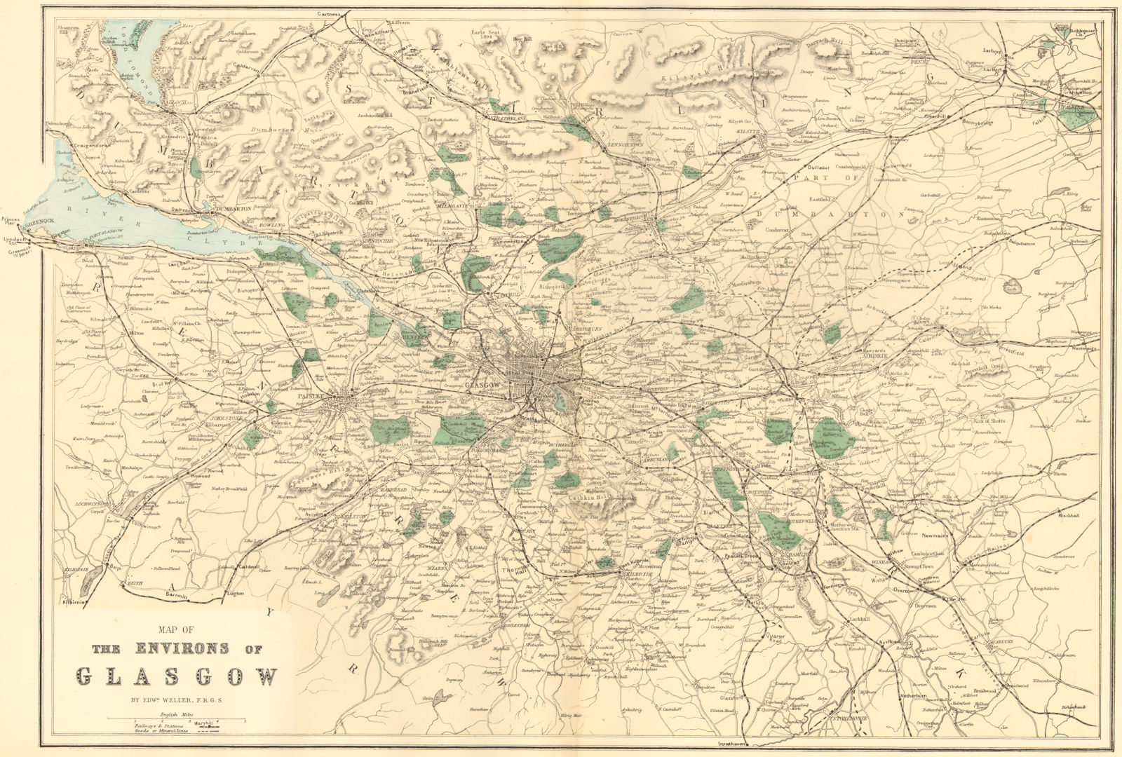 Associate Product GLASGOW & ENVIRONS. Lanark Renfrew. Antique map by GW BACON 1884 old