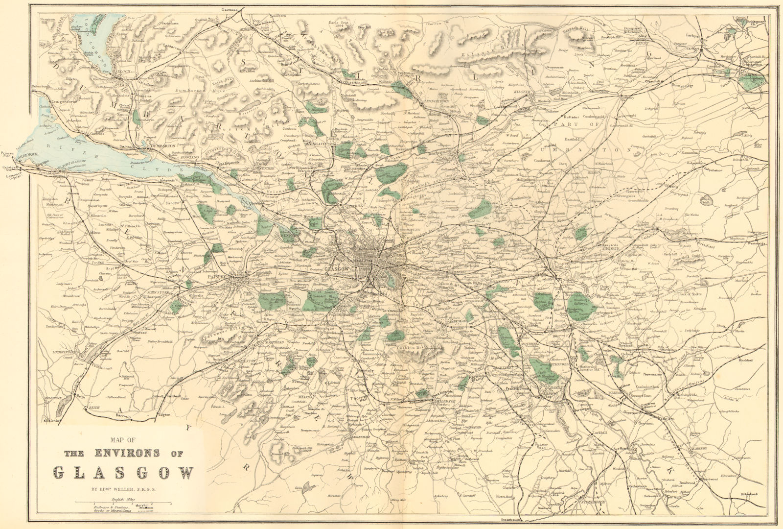 GLASGOW & ENVIRONS. Lanark Renfrew. Antique map by GW BACON 1884 old