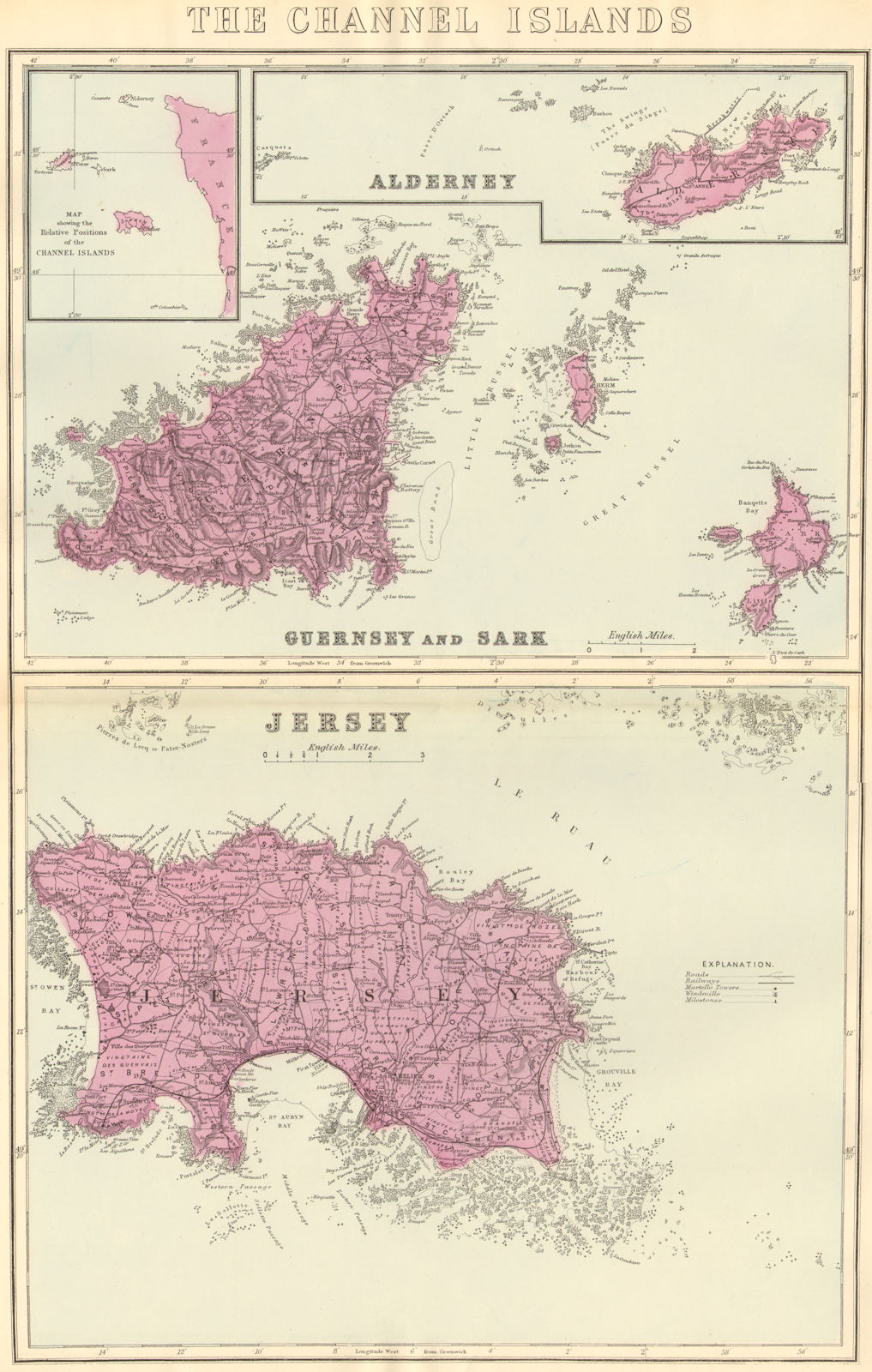 Associate Product CHANNEL ISLANDS. Alderney Guernsey Sark Jersey. Antique map by GW BACON 1884