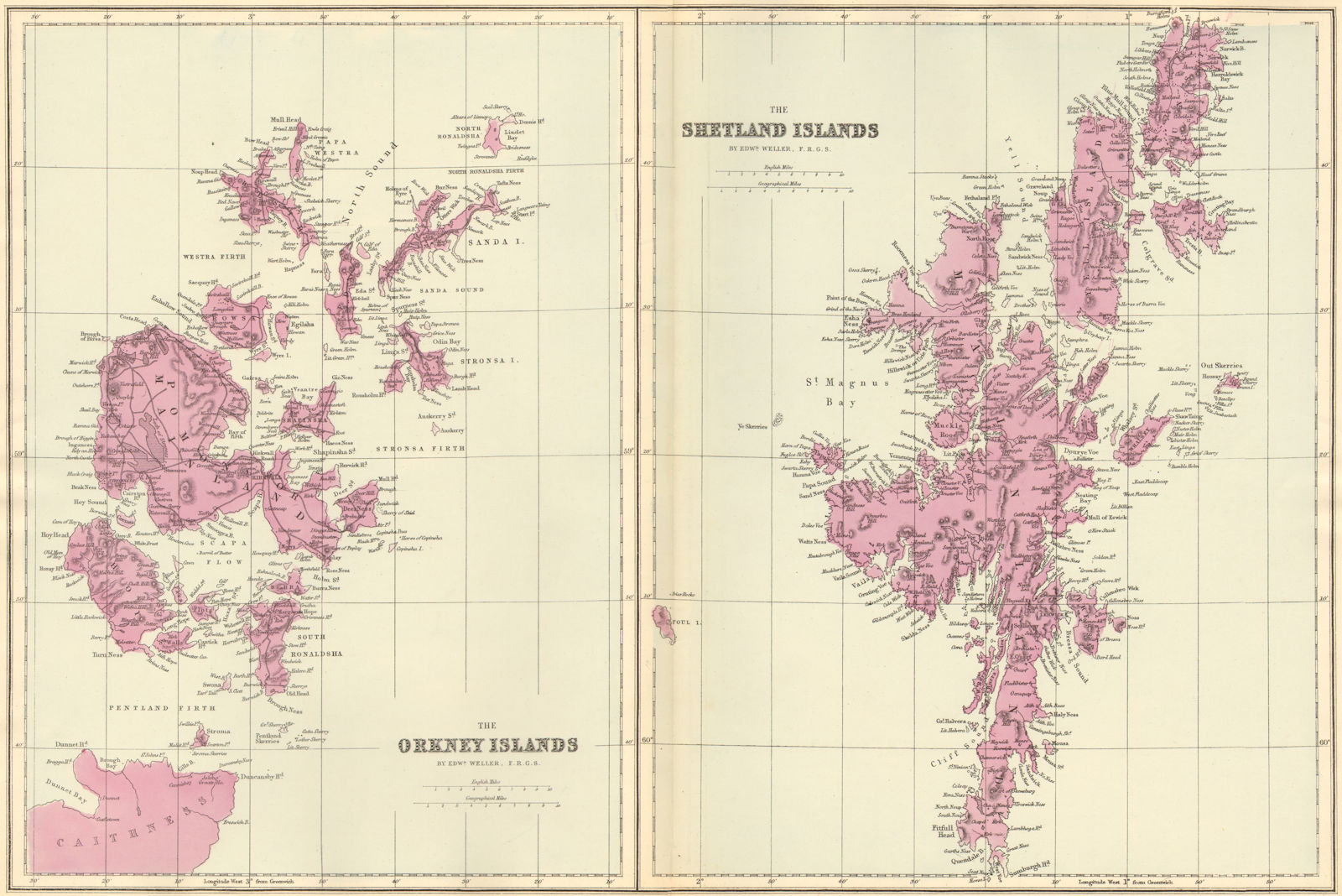 SCOTTISH ISLANDS. Orkney & Shetland Islands. Antique map by GW BACON 1884