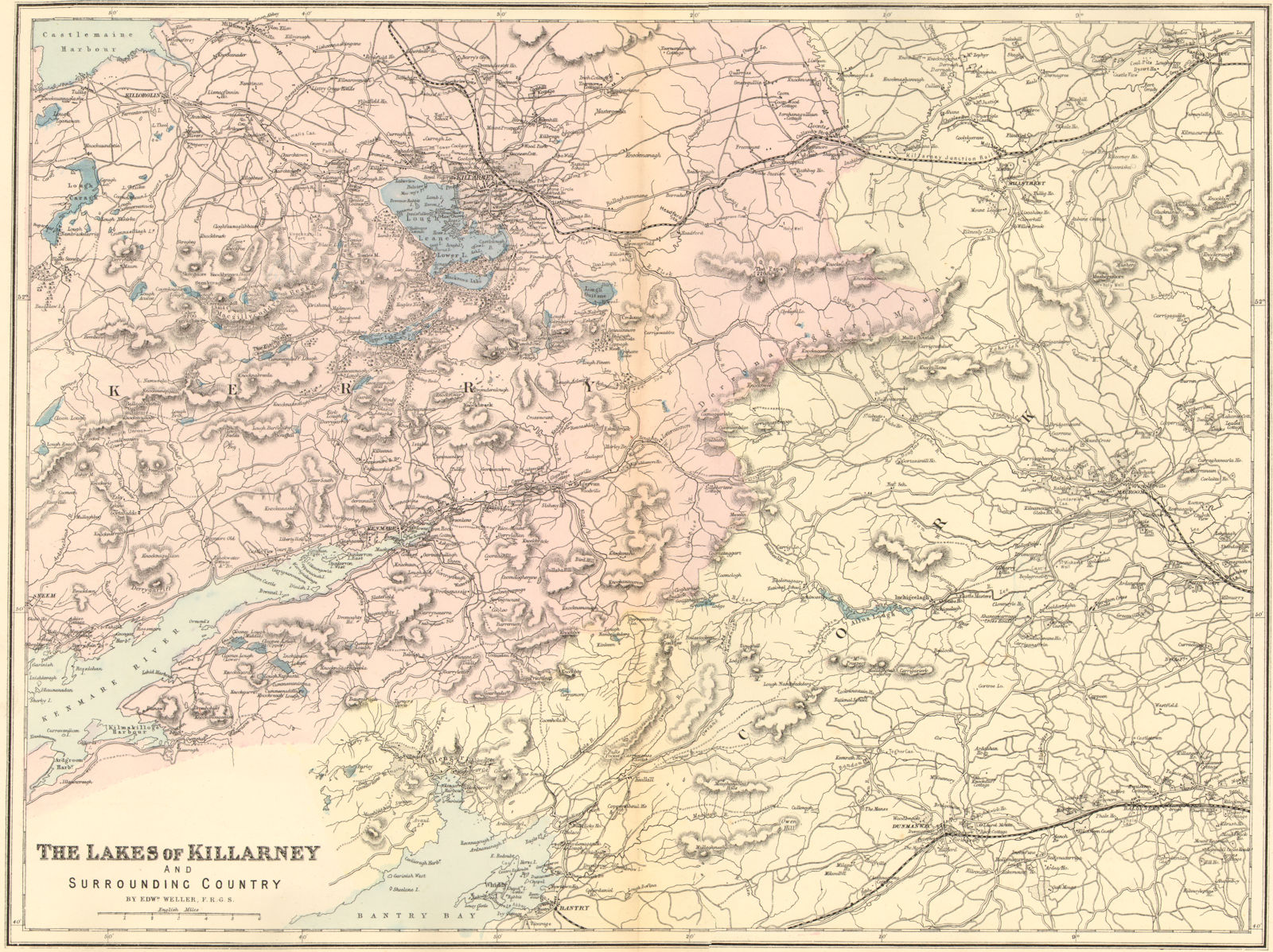 KILLARNEY LAKES. Kerry Bantry Kenmare. Ireland. Antique map by GW BACON 1884