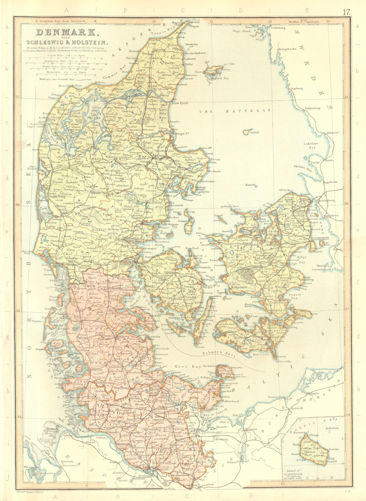 DENMARK. With Schleswig & Holstein & Bornholm. Railways. BLACKIE 1893 old map
