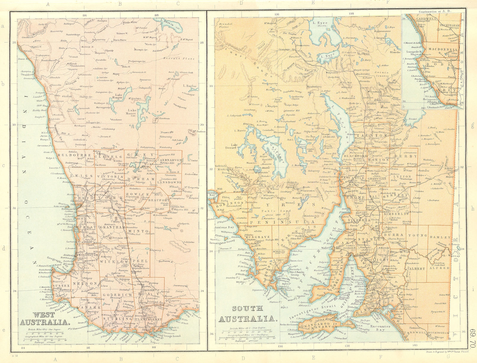 WESTERN & SOUTH AUSTRALIA. Showing counties & railways.  BLACKIE 1893 old map