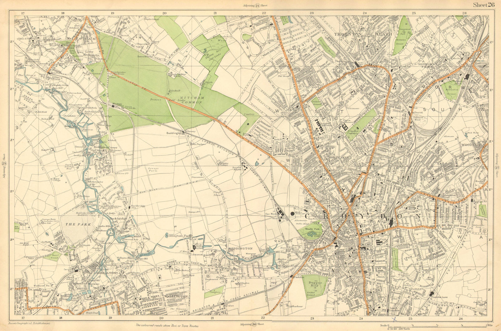 Associate Product CROYDON.Mitcham,Carshalton,Wallington,Thornton Hth,Beddington(Bacon) c1911 map