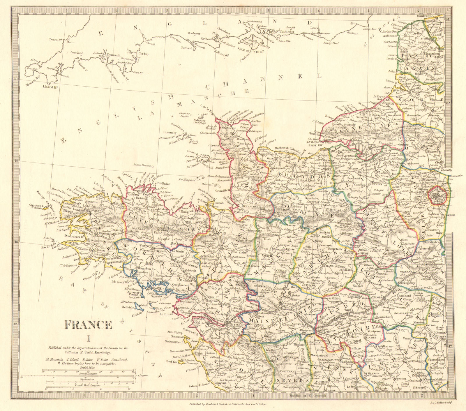 FRANCE NORTH WEST. Bretagne Normandie Loire Centre.Hand coloured.SDUK 1848 map