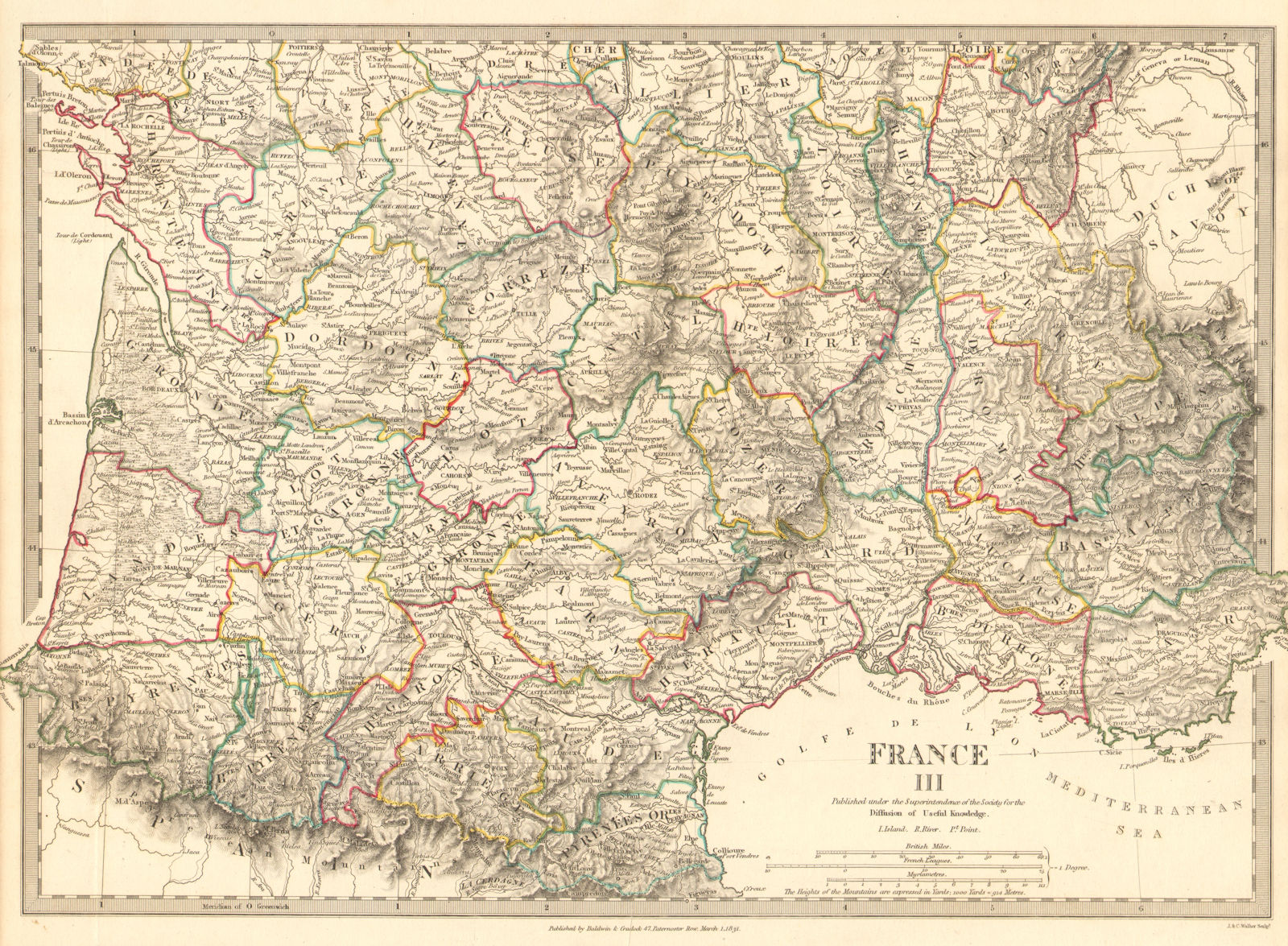 FRANCE STH.Aquitaine Pyrénées Provence Languedoc Rhône Auvergne.SDUK 1848 map